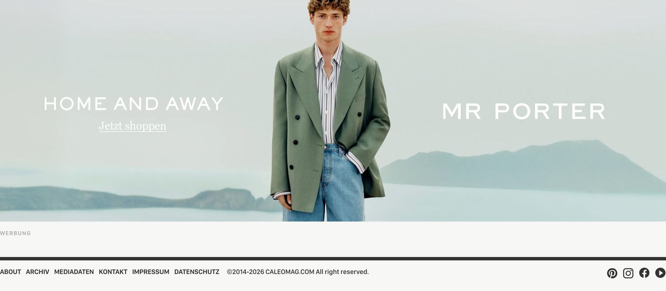 High-fashion editorial campaign banner with wide-spaced uppercase typography balanced across a muted landscape portrait.