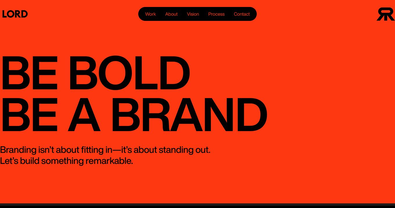 An unapologetically loud, high-impact typographic hero radiating pure confidence through saturated red-orange and heavy black Swiss lettering.