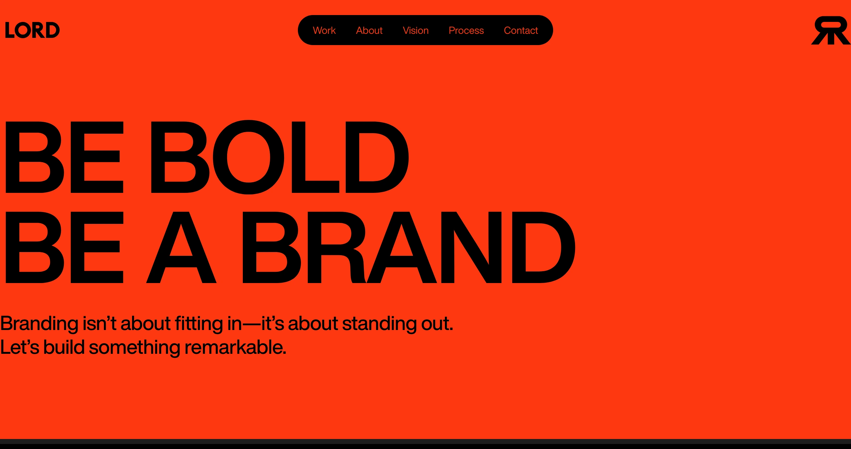 An unapologetically loud, high-impact typographic hero radiating pure confidence through saturated red-orange and heavy black Swiss lettering.