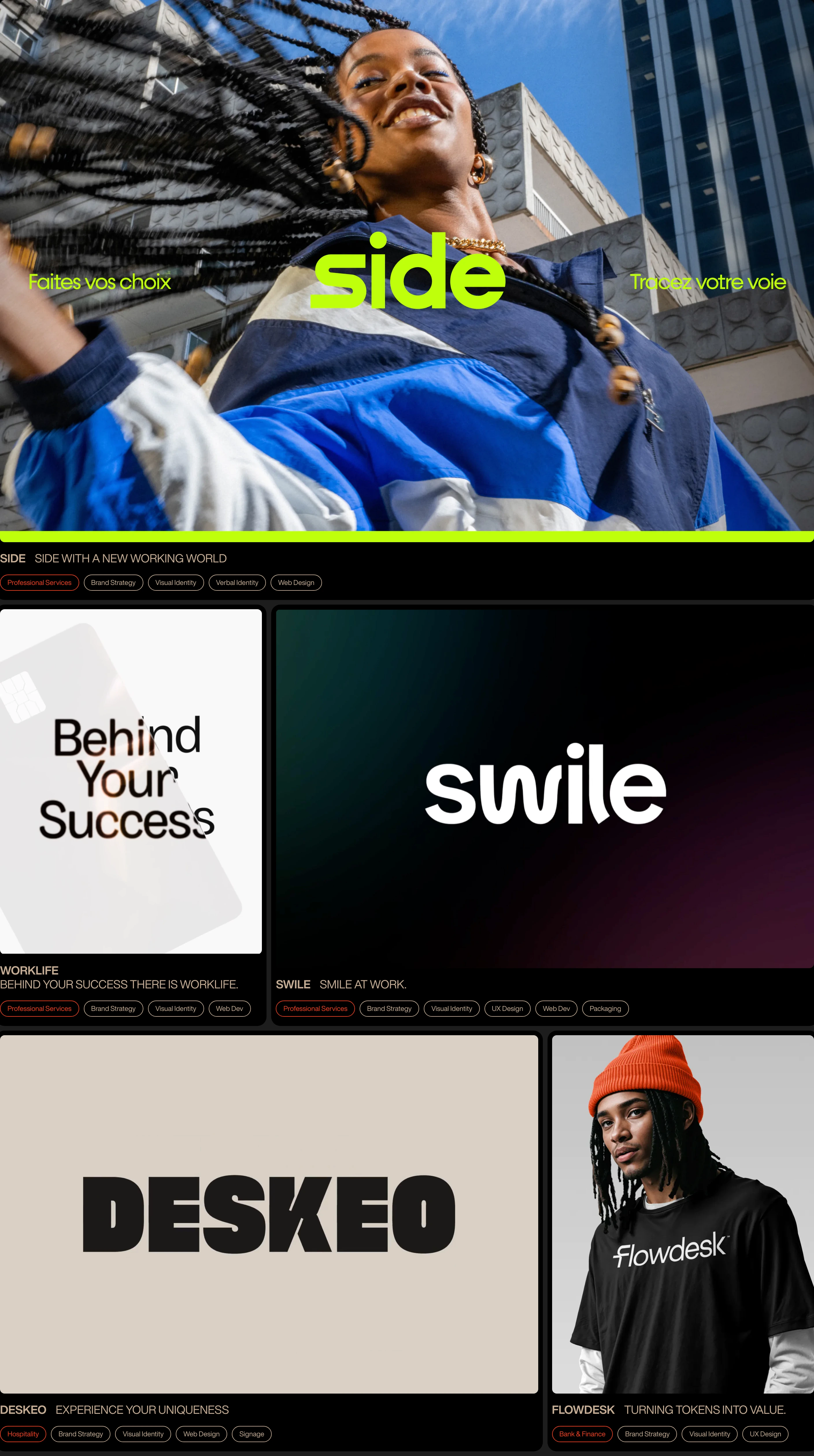 Bold and cinematic agency portfolio showcasing high-contrast project tiles paired with refined uppercase labels and category pills.