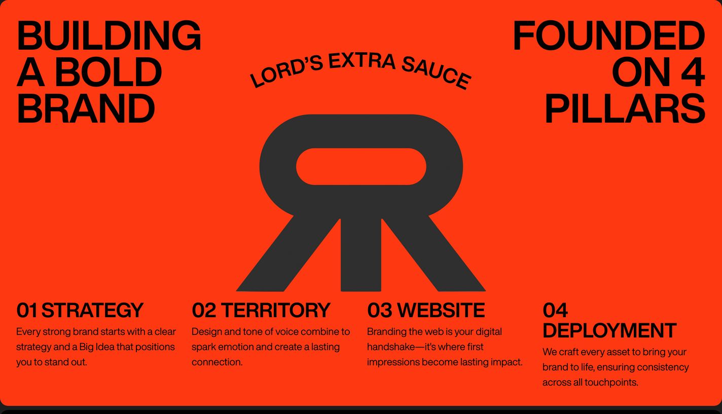 Punchy and unapologetic high-saturation agency breakdown pairing heavy grotesque type with a massive graphic emblem.