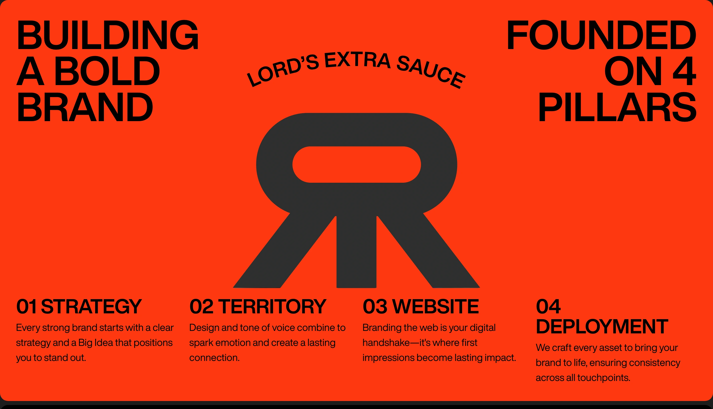 Punchy and unapologetic high-saturation agency breakdown pairing heavy grotesque type with a massive graphic emblem.