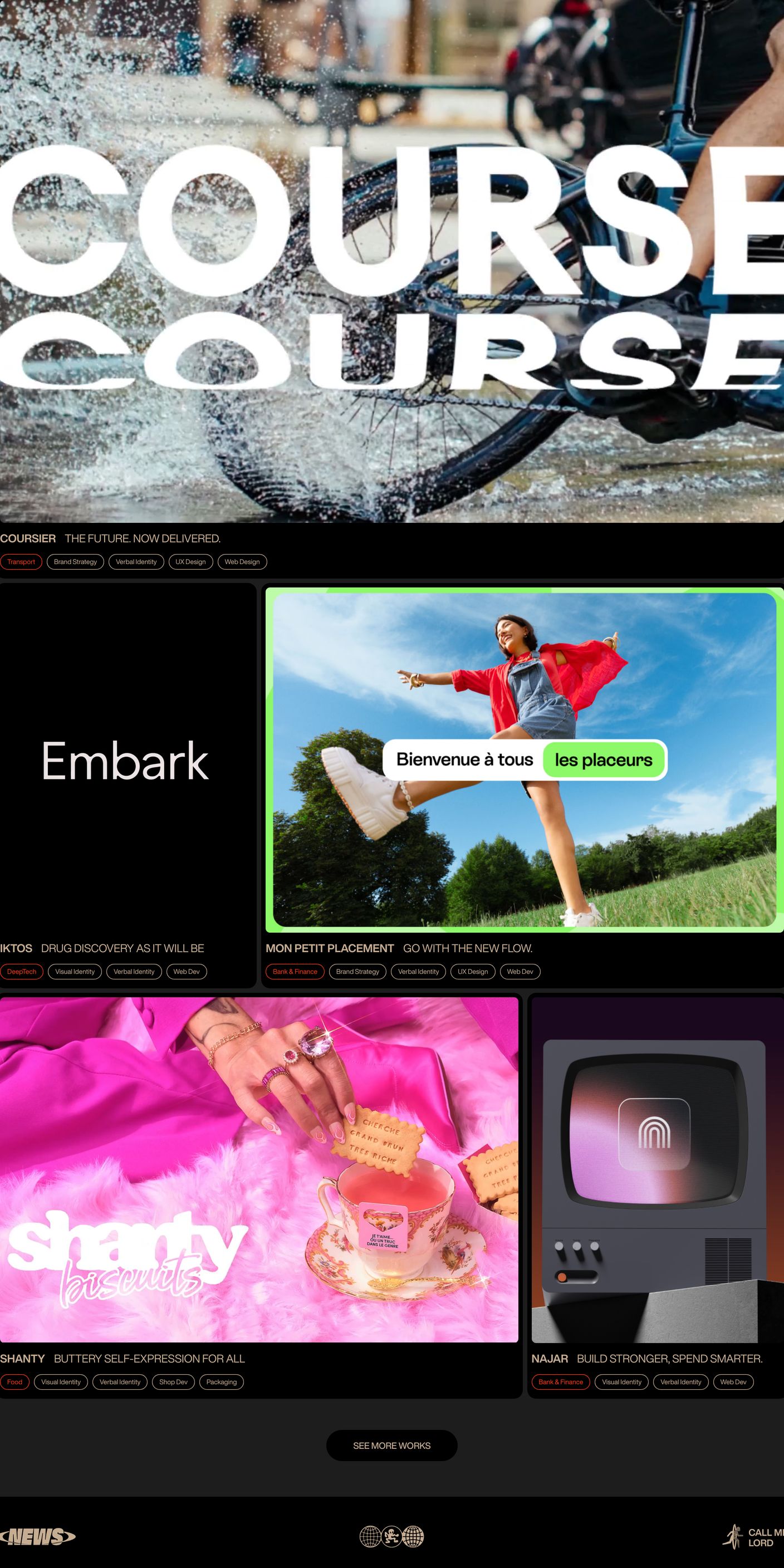 Punchy agency portfolio showcase featuring vibrant media cards, bold case studies, and disciplined metadata tags over a deep black background.