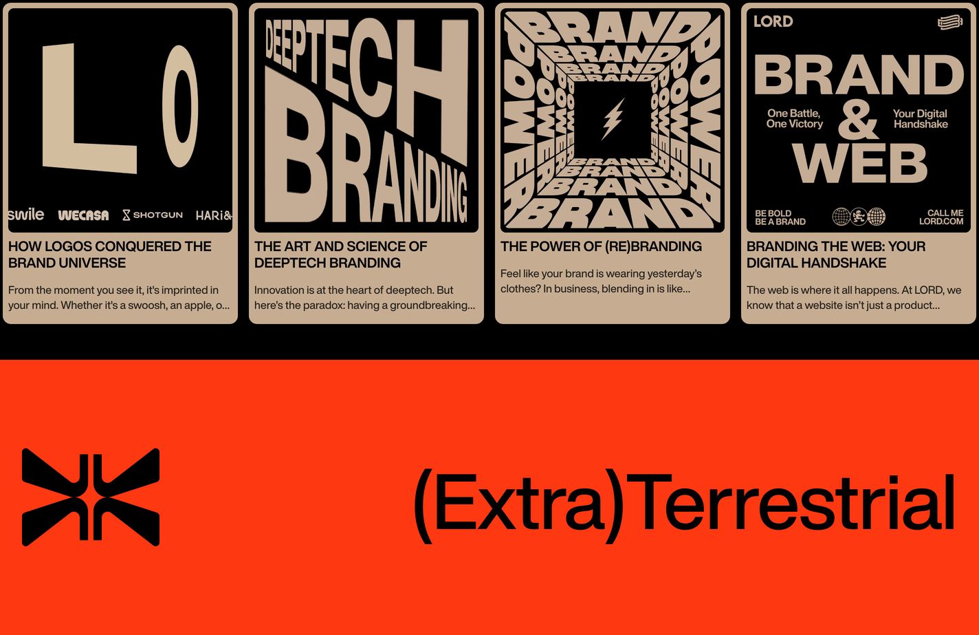 High-impact typographic cards showcase brand insights above an intense red statement band.