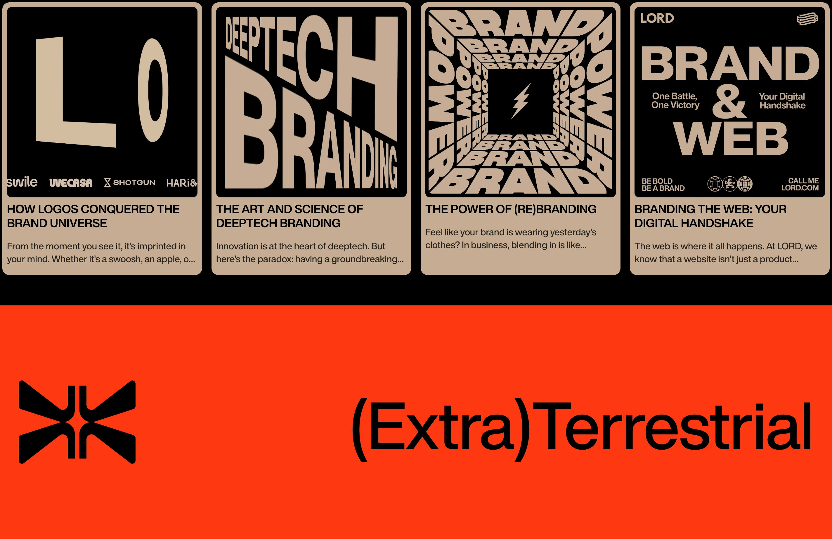 High-impact typographic cards showcase brand insights above an intense red statement band.