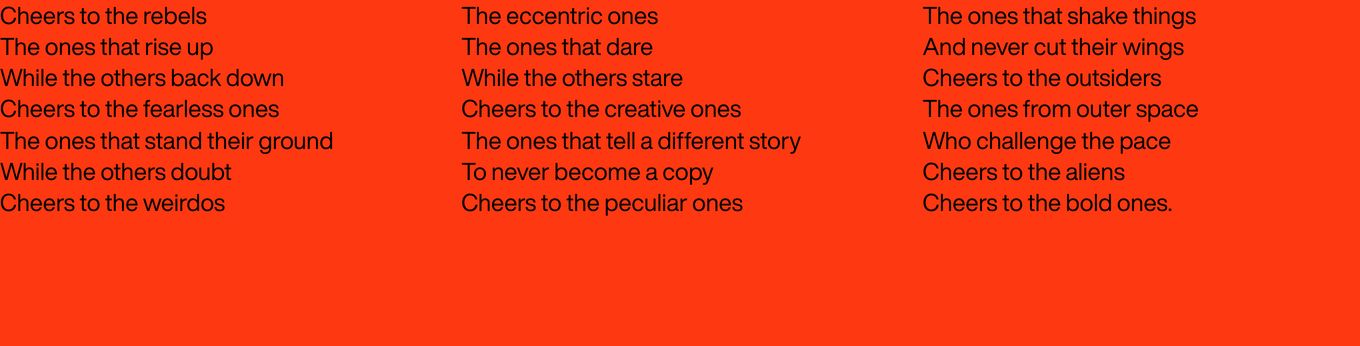Vibrant, saturated vermilion statement section presenting a stark three-column typographic manifesto in pure black grotesque type.