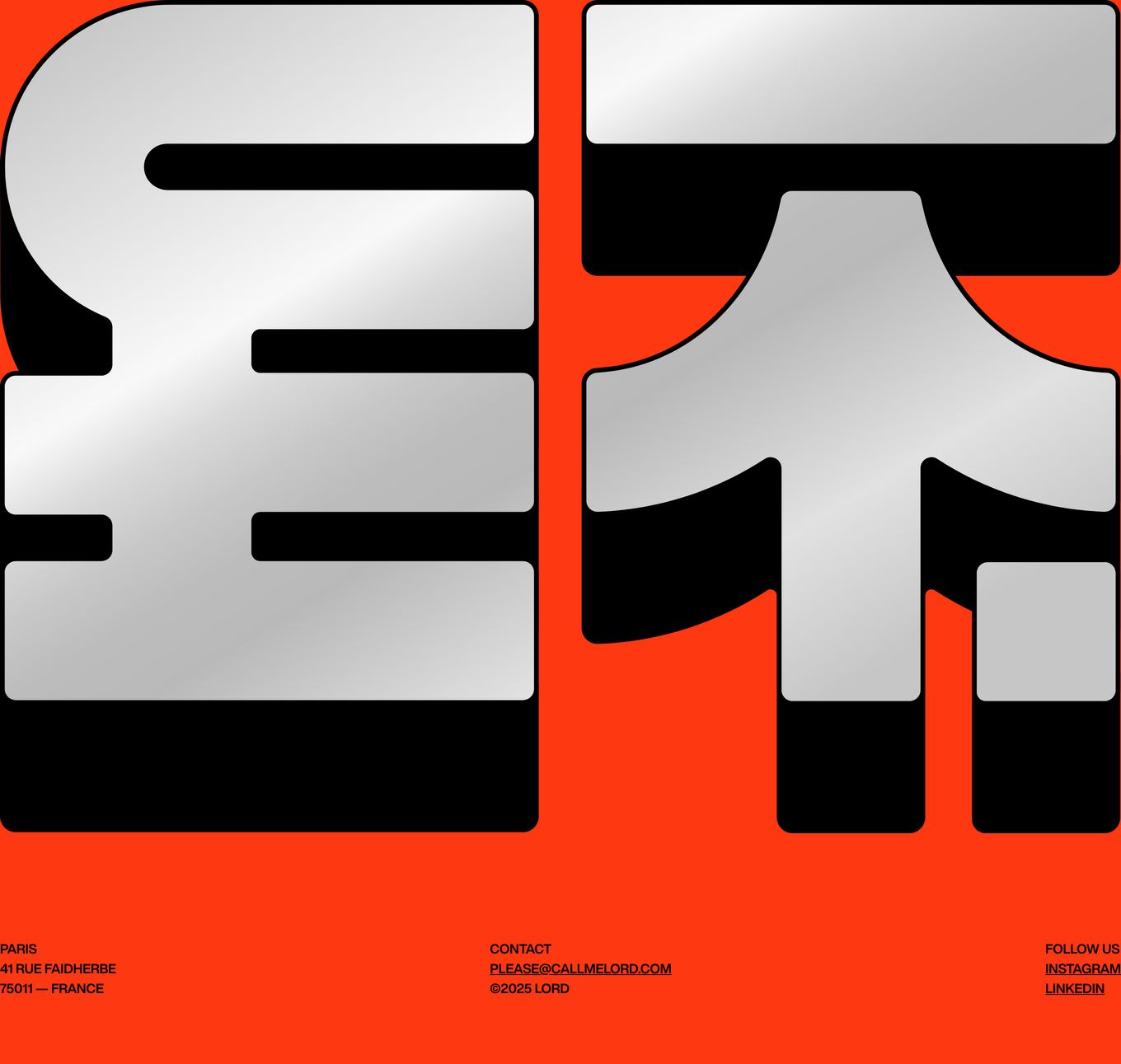 Electric orange statement footer dominated by massive metallic brutalist letterforms above crisp, compact studio contact details.