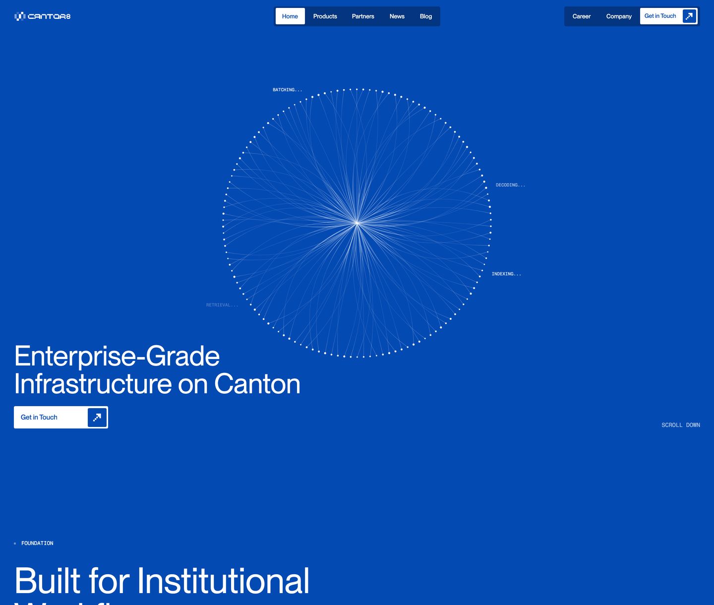 A striking cobalt blue technical hero defined by an intricate circular network visualization and clean, high-precision typography.