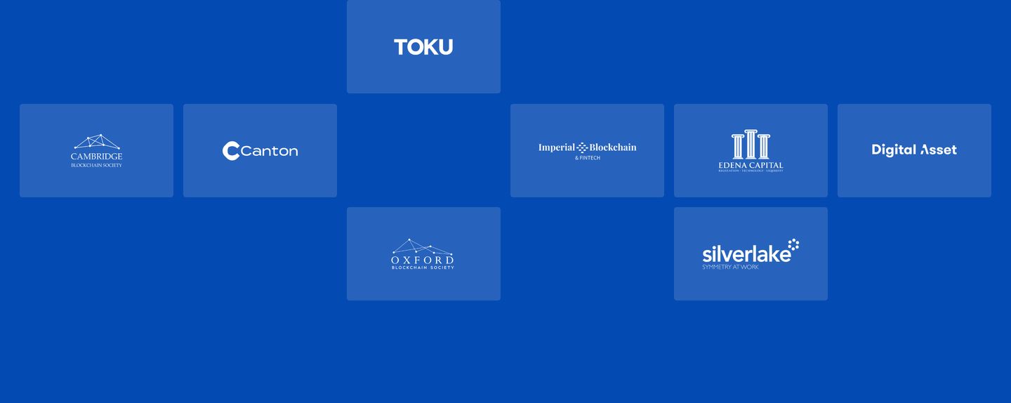 Vibrant blue grid of staggered translucent cards displaying monochrome partner and institution logos.