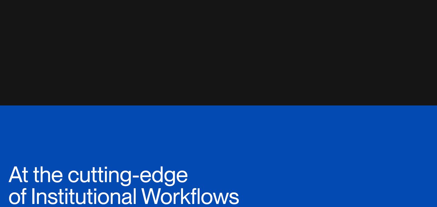 A stark split-screen color block with crisp Swiss grotesque typography delivering a confident corporate declaration.