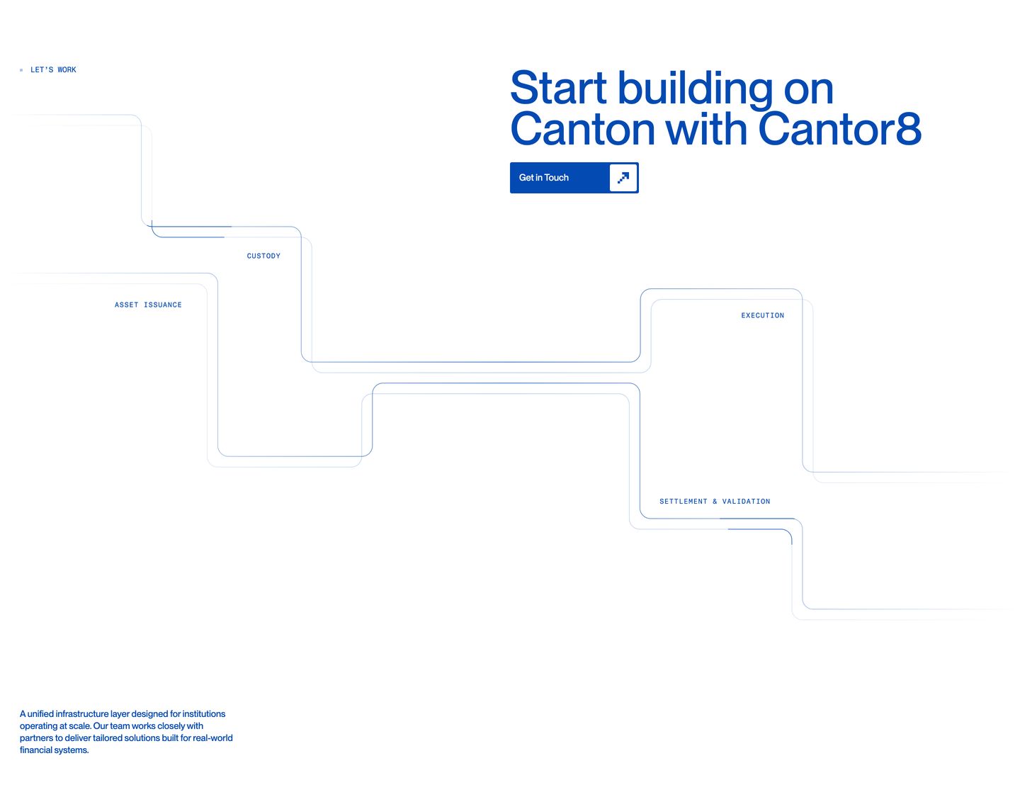 Vast, sterile call-to-action framed by blue circuit-like infrastructure pathways traversing pure white negative space.
