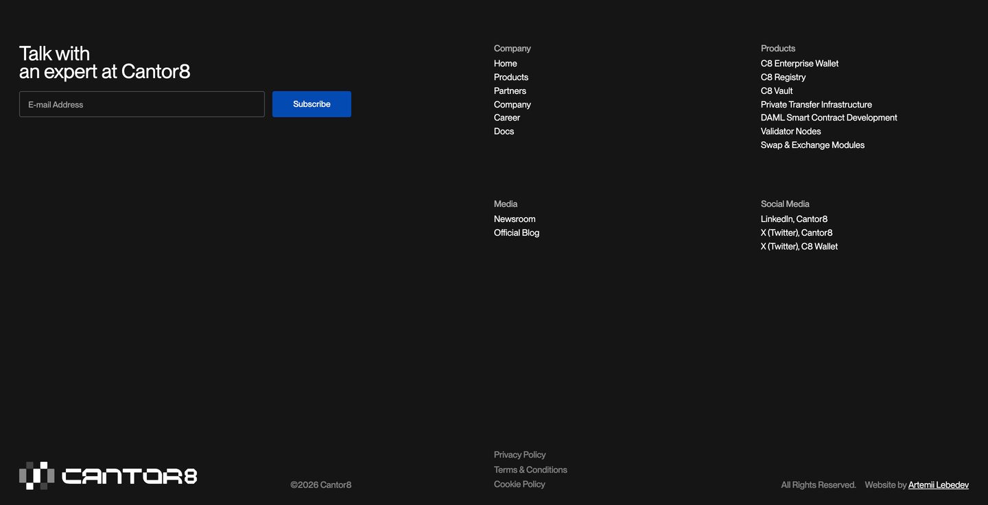 Spacious dark footer utilizing vast negative space, crisp sans-serif columns, and an integrated consultation signup form.