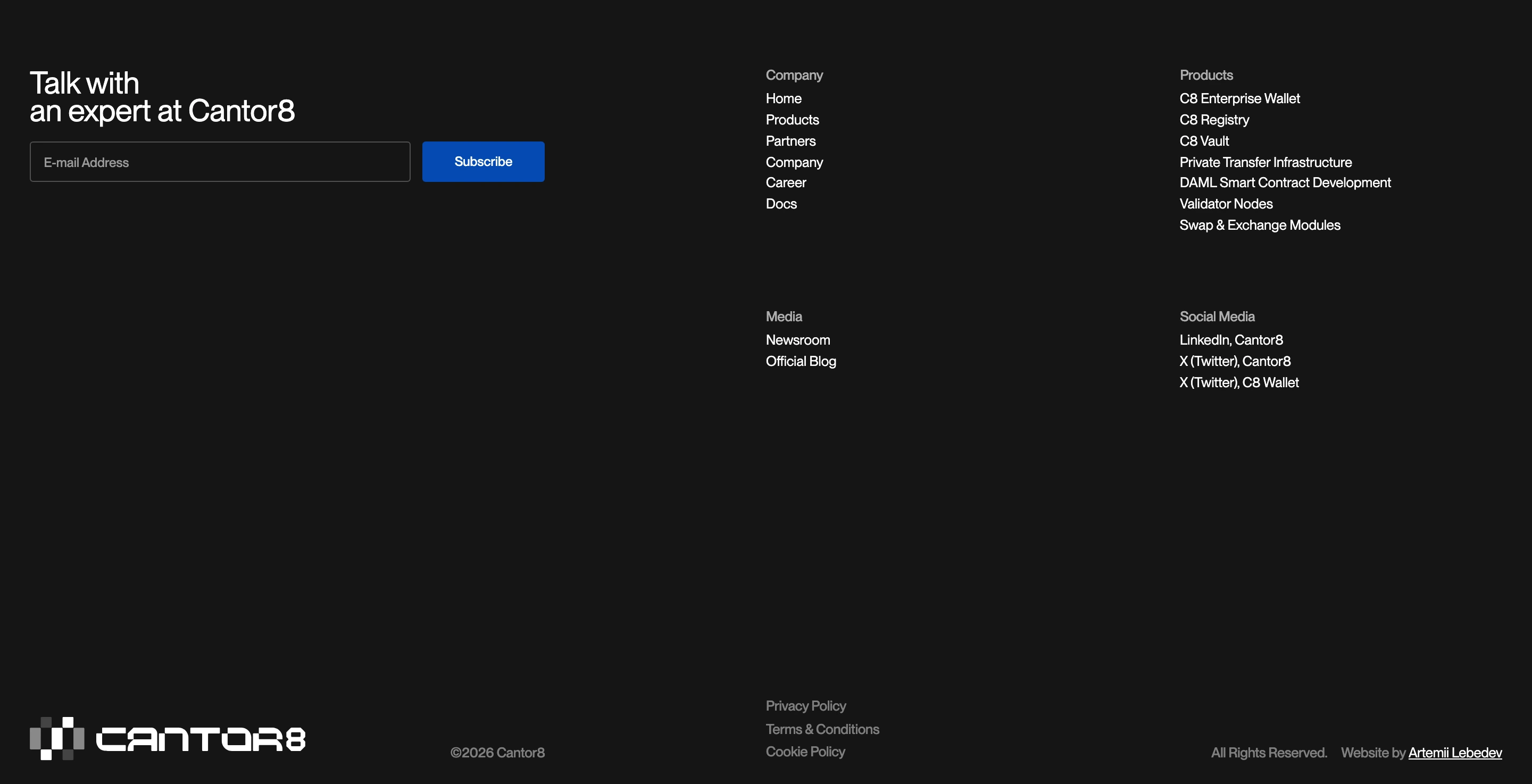 Spacious dark footer utilizing vast negative space, crisp sans-serif columns, and an integrated consultation signup form.