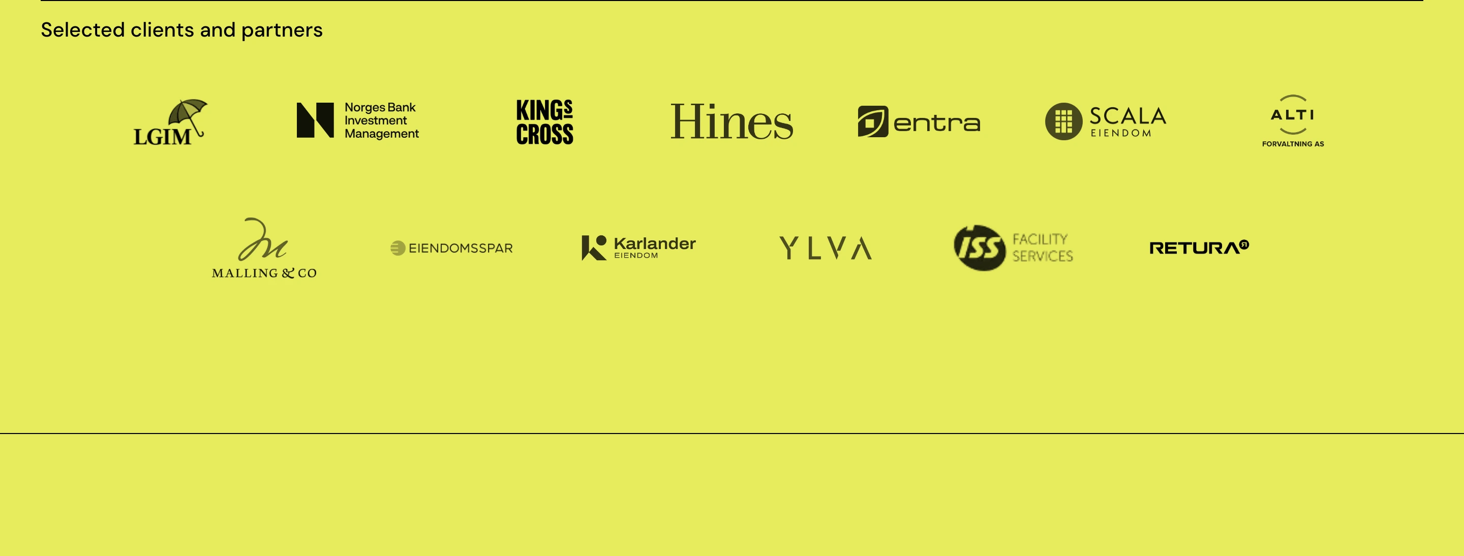 A punchy acid-yellow client logo grid balancing stark monochrome branding with generous airy spacing.