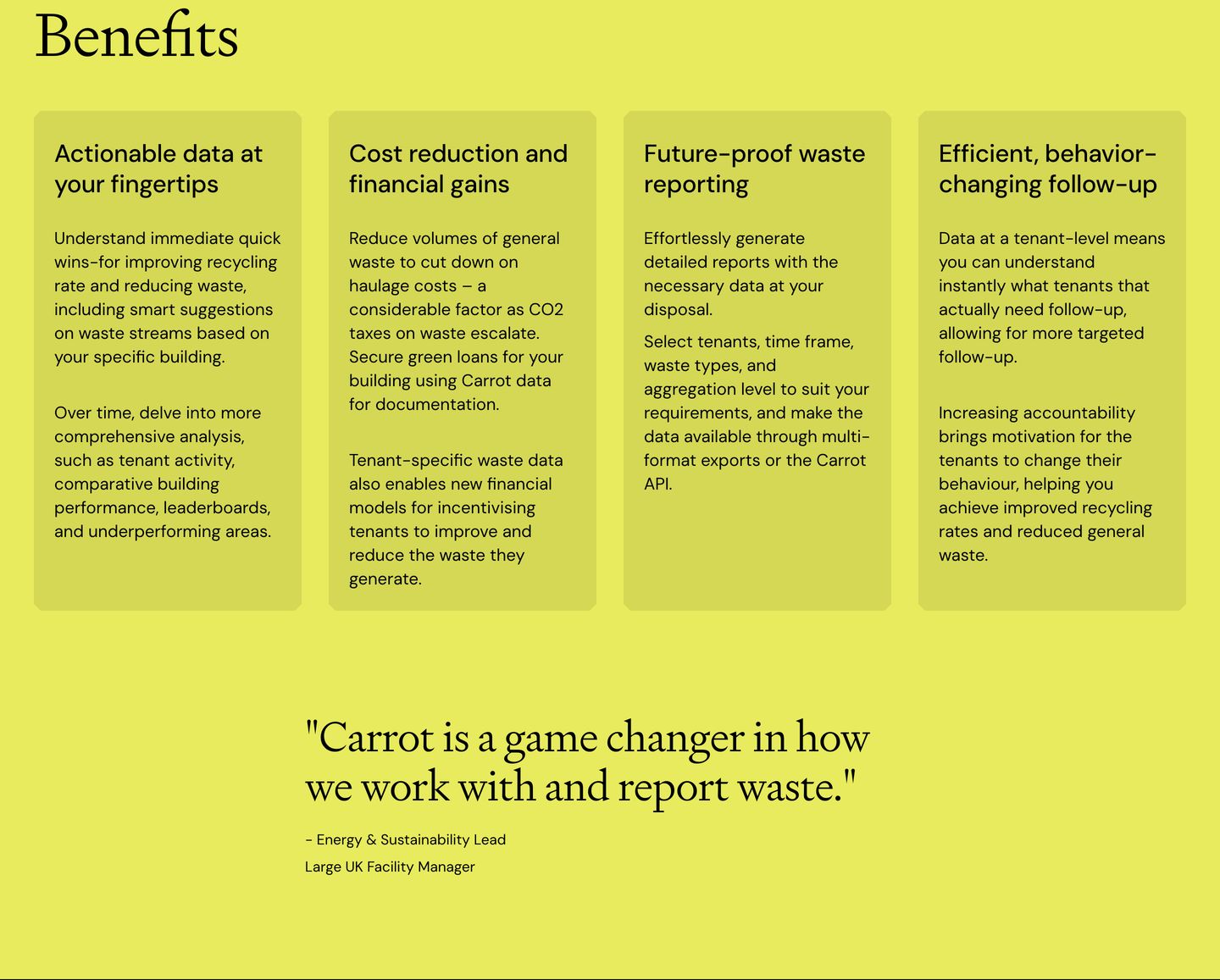 Vibrant chartreuse backdrop supporting a structured four-column benefit grid anchored by a prominent editorial pull quote.