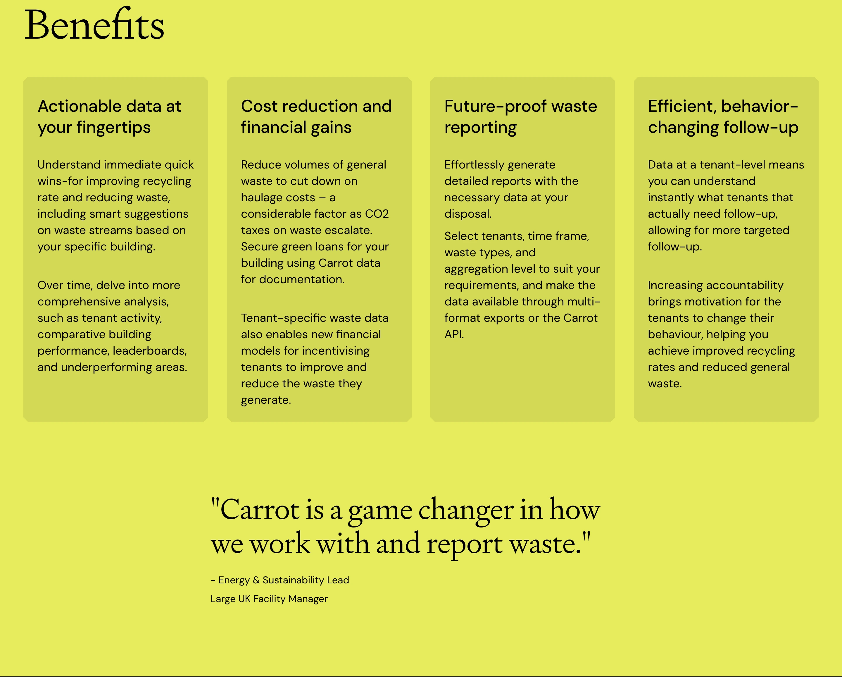 Vibrant chartreuse backdrop supporting a structured four-column benefit grid anchored by a prominent editorial pull quote.