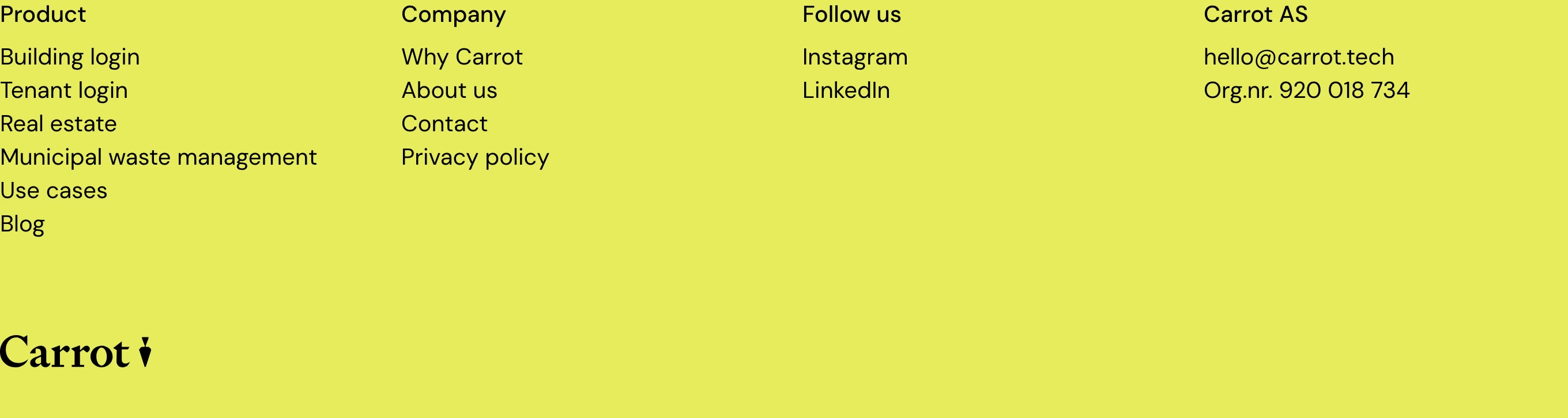 Vibrant chartreuse footer with clean typography arranged in structured columns anchored by a bold bottom logo.