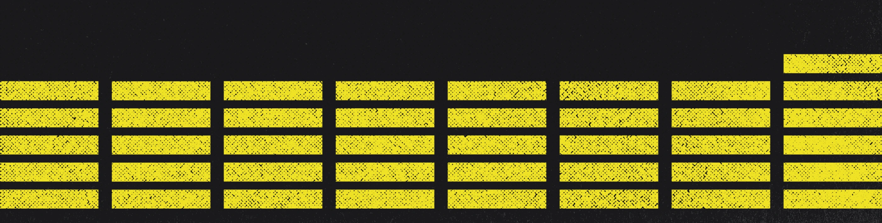 High-contrast modular grid of textured yellow equalizer bars spanning across a dark industrial background.
