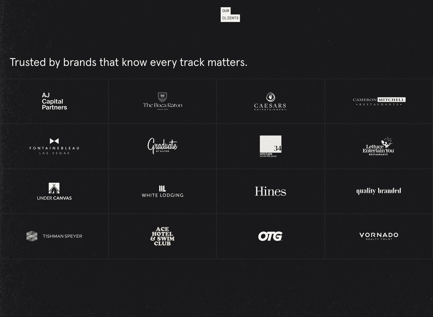 Subdued, dark-themed client logo grid structured with subtle bounding lines and understated typography.