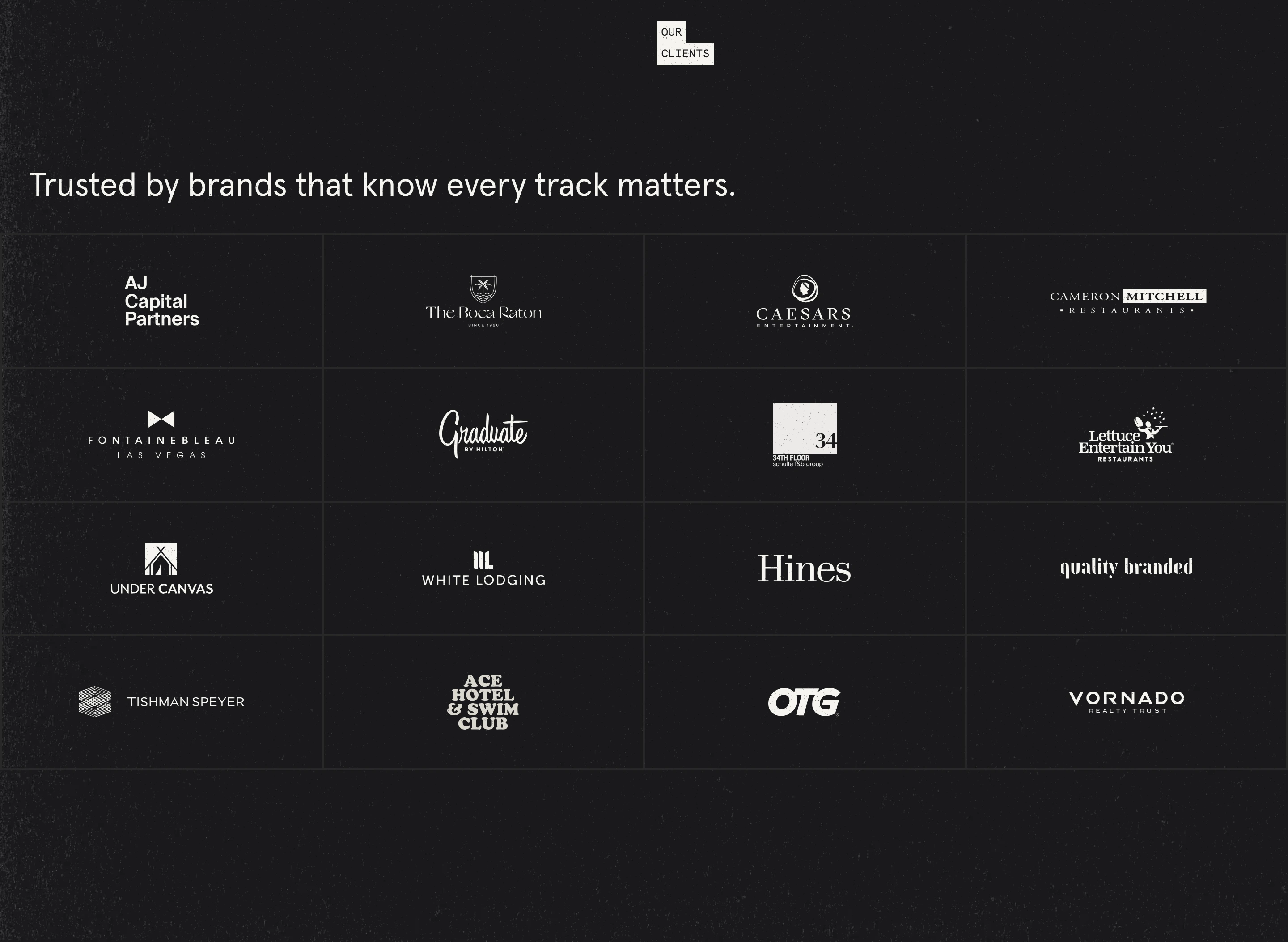 Subdued, dark-themed client logo grid structured with subtle bounding lines and understated typography.