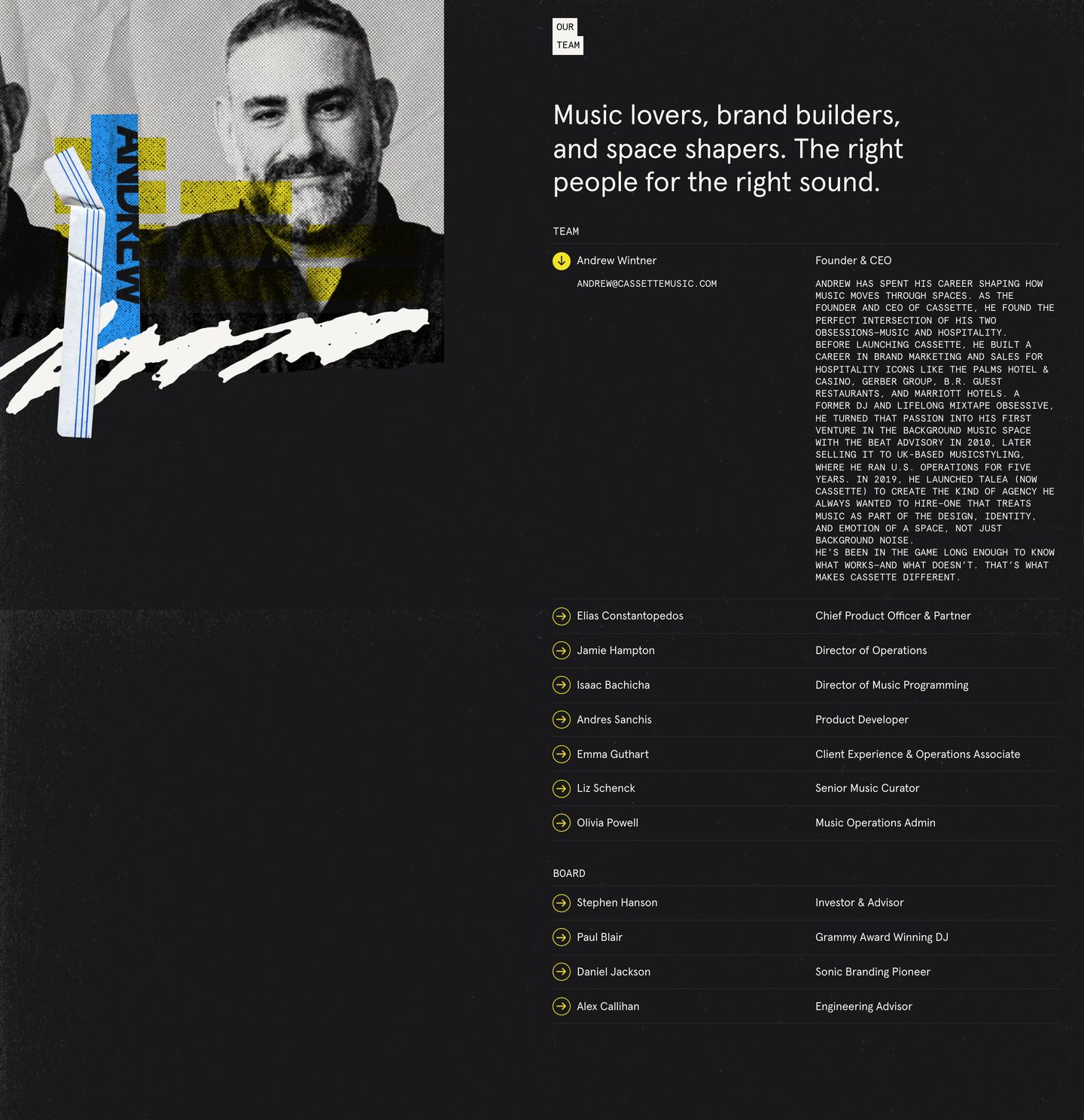Gritty music-agency team section pairing a tactile halftone collage portrait with a dense, monospace roster list.