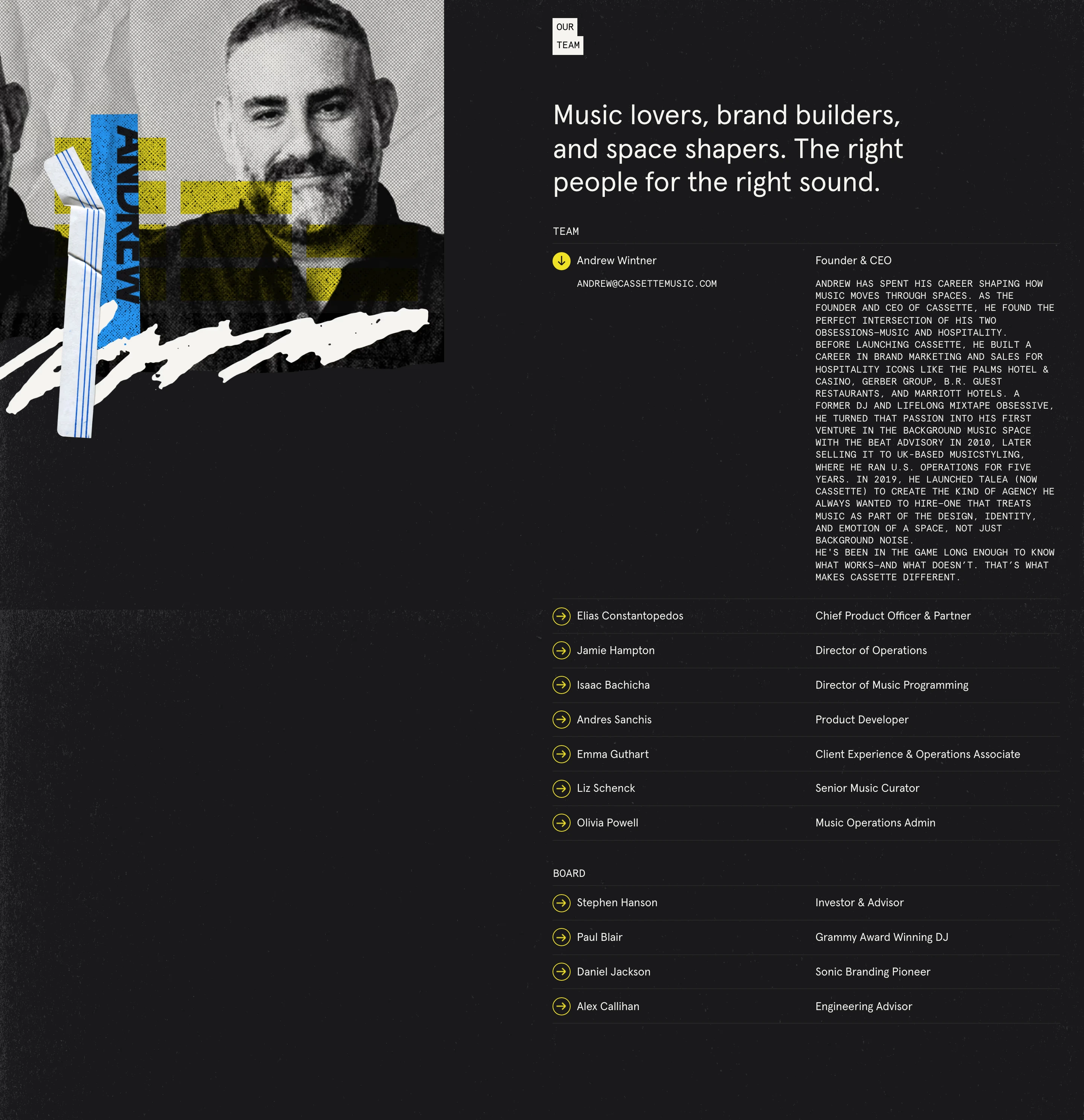 Gritty music-agency team section pairing a tactile halftone collage portrait with a dense, monospace roster list.