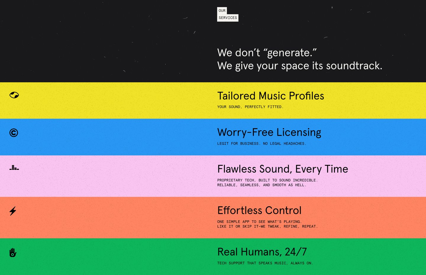 Stacked horizontal bands of saturated color present services with bold simplicity under a dark, confident header.