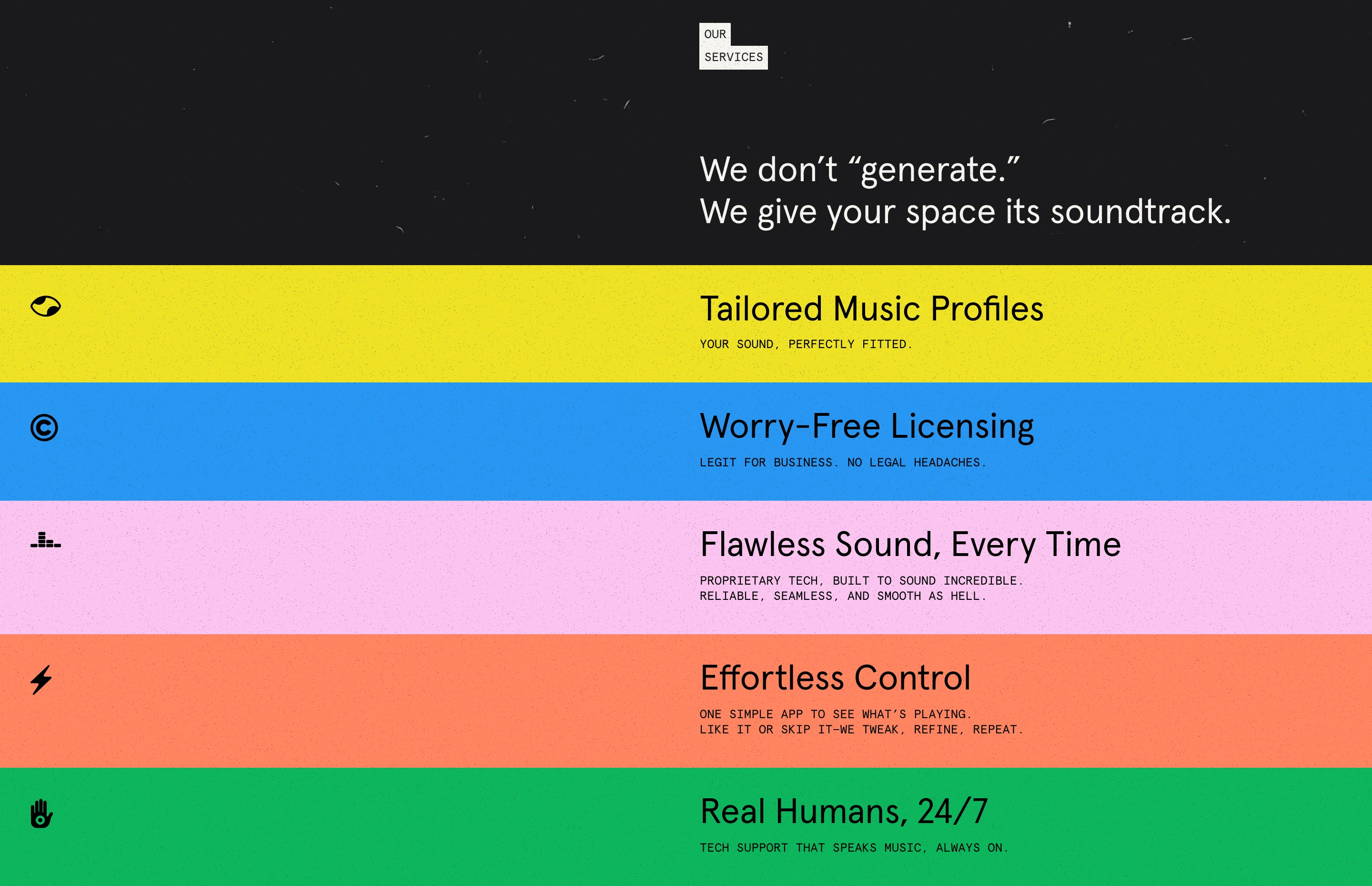 Stacked horizontal bands of saturated color present services with bold simplicity under a dark, confident header.