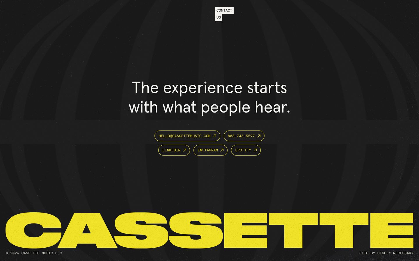 A dark, high-impact music studio footer anchoring centered contact pills above a massive, edge-to-edge acid yellow wordmark.
