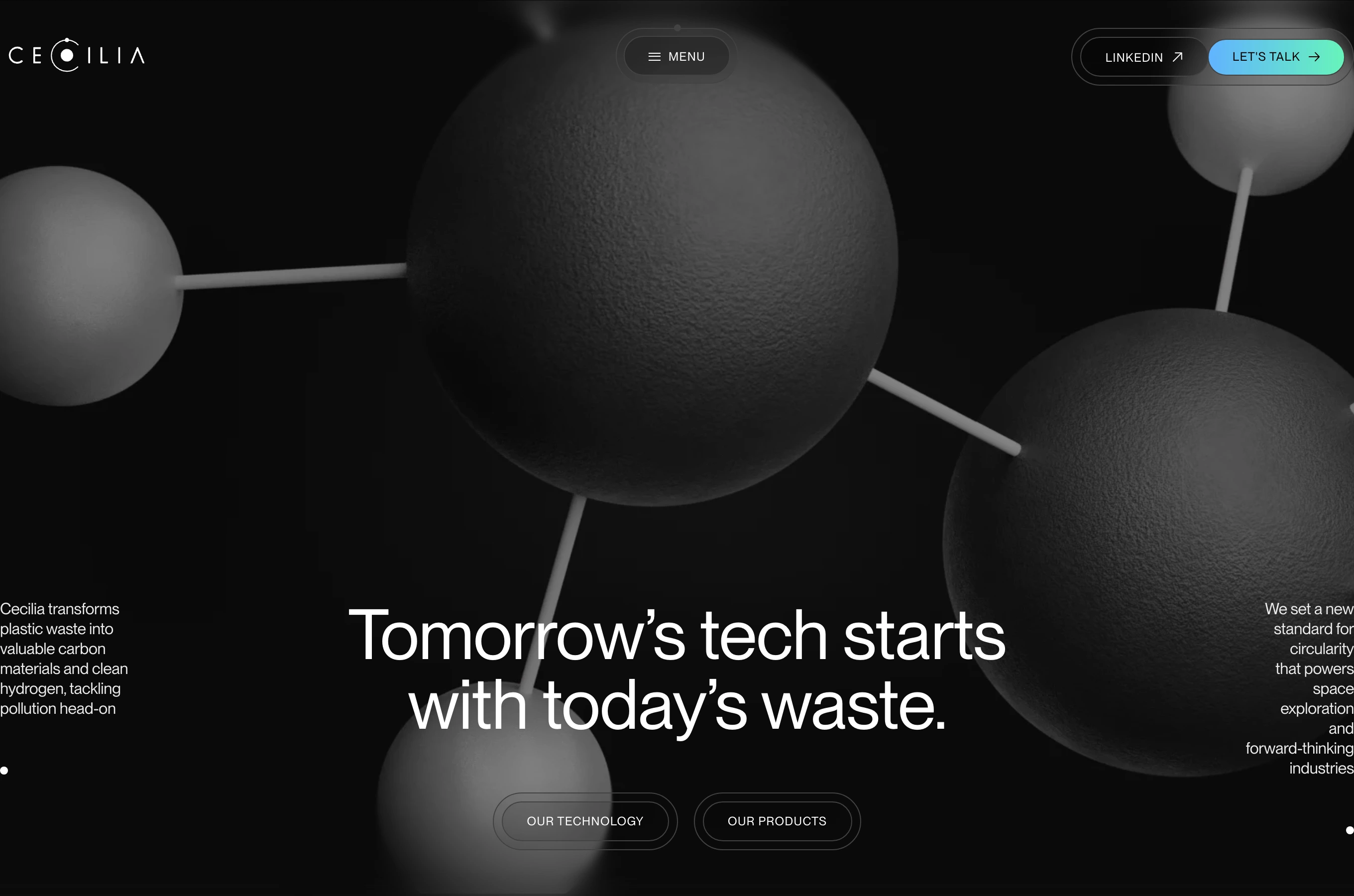 Atmospheric dark tech hero featuring tactile matte 3D molecular structures floating across a cinematic black canvas with precise typographic placement.