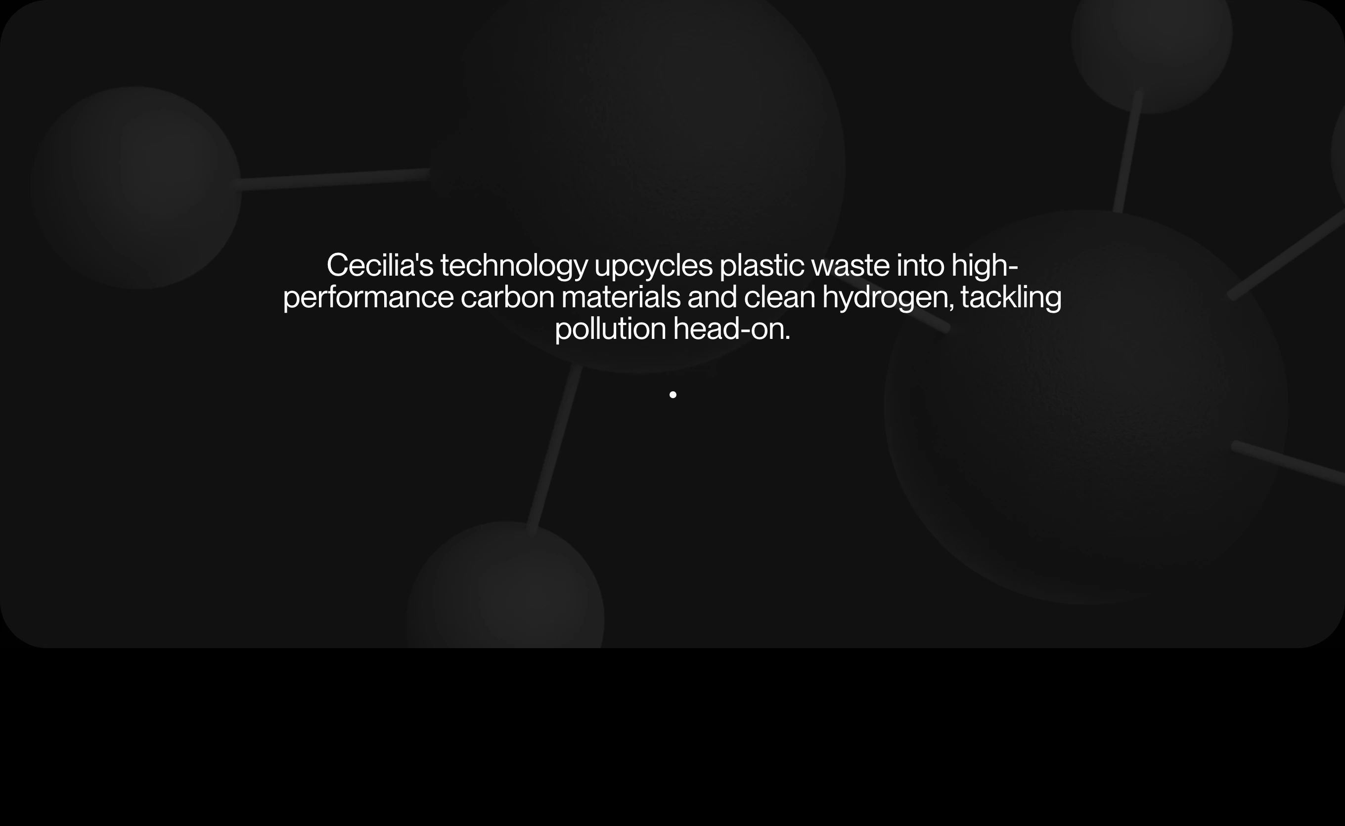 Dark, atmospheric statement section centered over a subtle monochromatic 3D molecular structure.