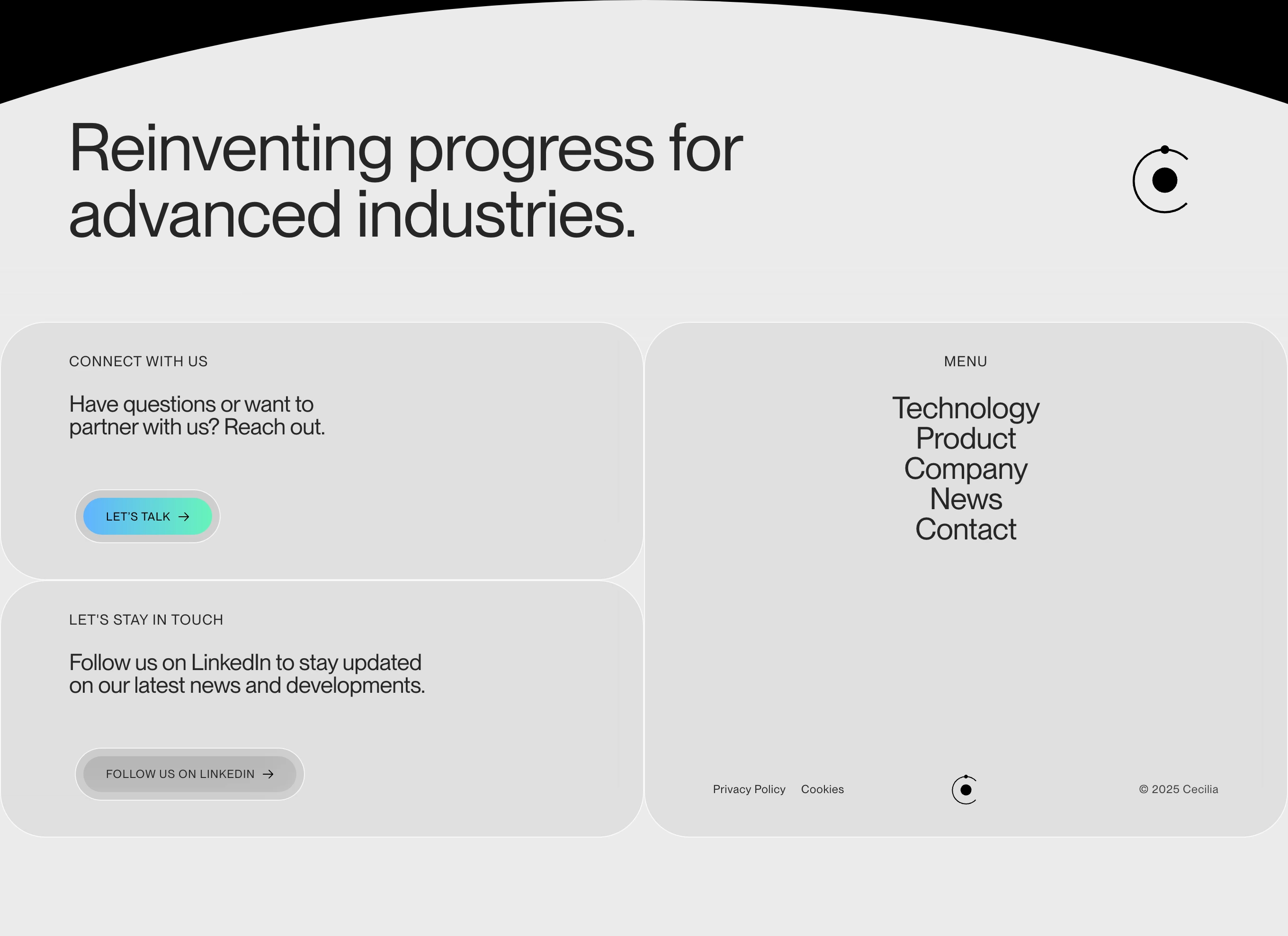 Architectural, cool-toned minimal footer framed within an arched container, pairing modular contact cards with precise typographic navigation.