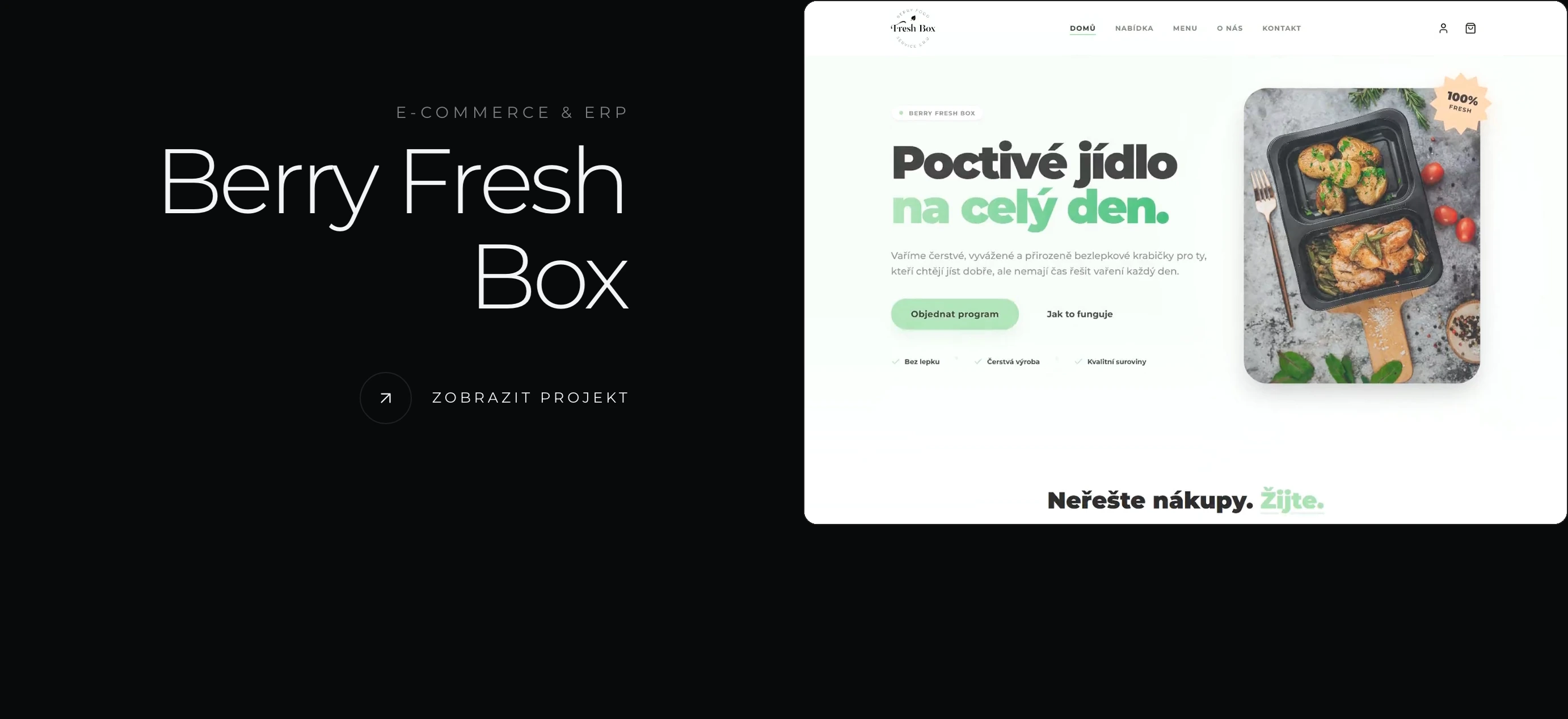 High-contrast portfolio showcase pairing minimal typography against a stark dark background with an embedded live preview of a bright food delivery platform.