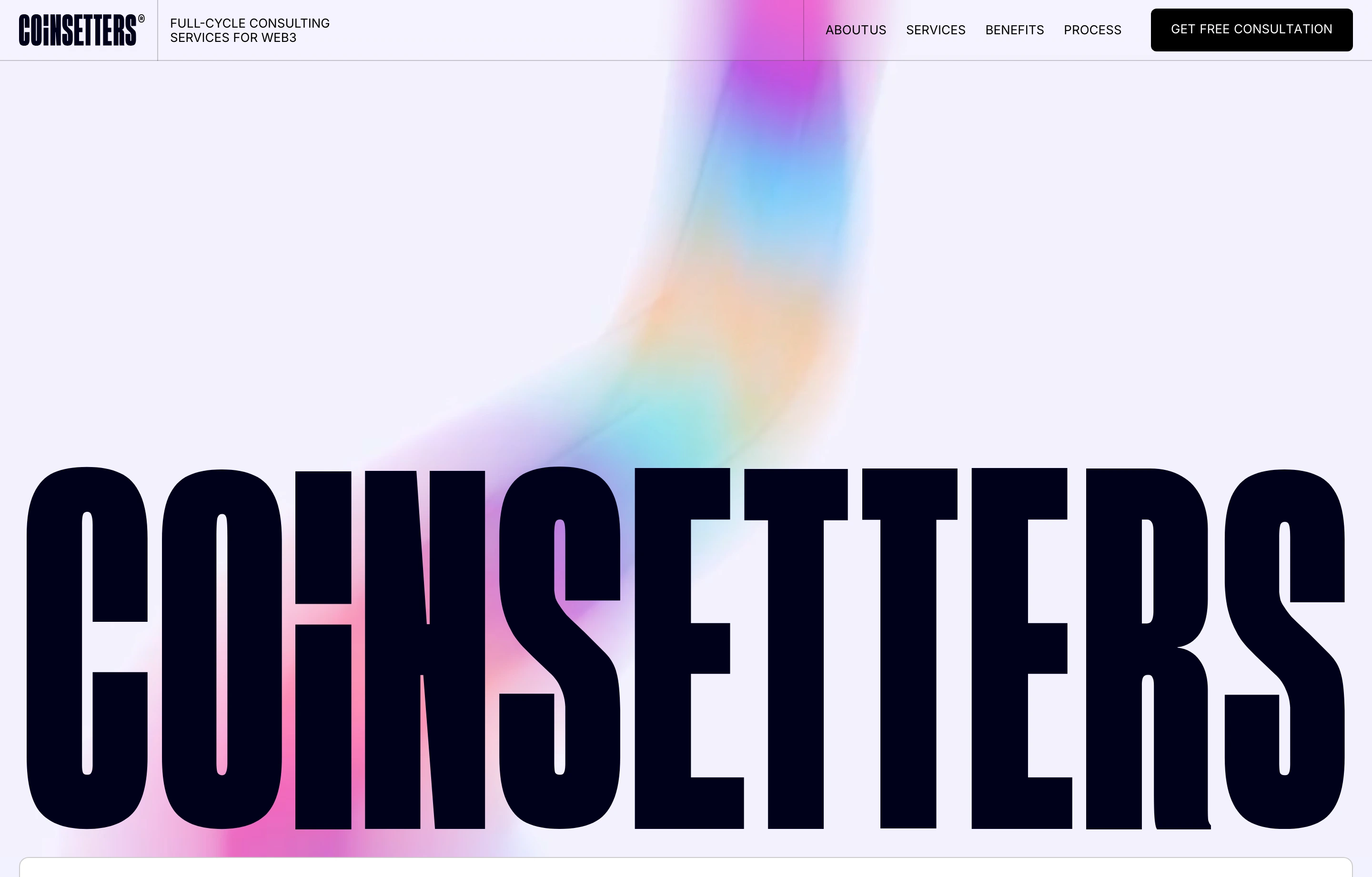 Massive ultra-condensed typography anchors a minimalist light hero softened by an ethereal, colorful gradient blur.