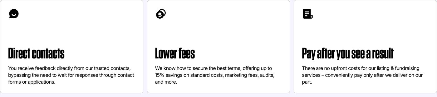 Clean three-column feature cards with condensed punchy headlines and minimalist black icons set on a soft tinted background.