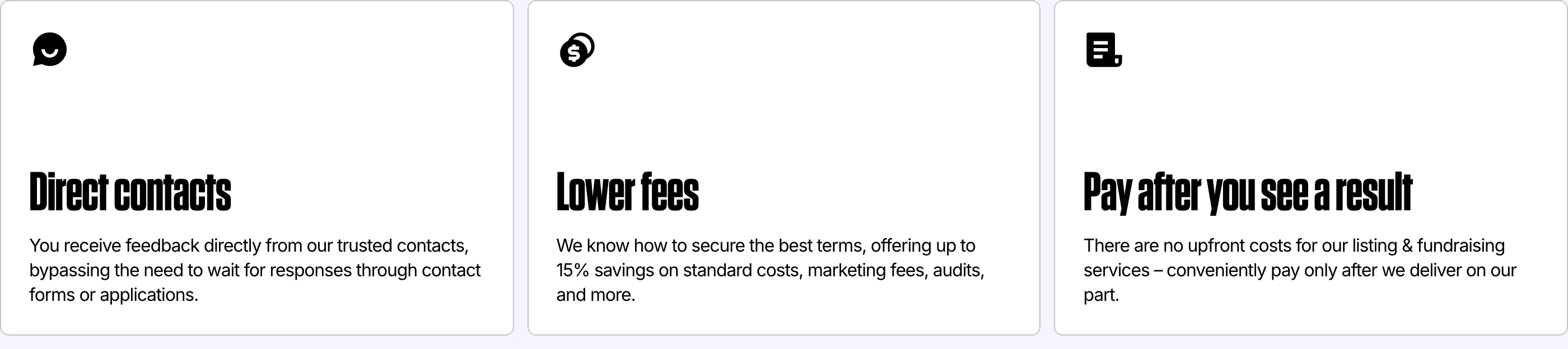 Clean three-column feature cards with condensed punchy headlines and minimalist black icons set on a soft tinted background.