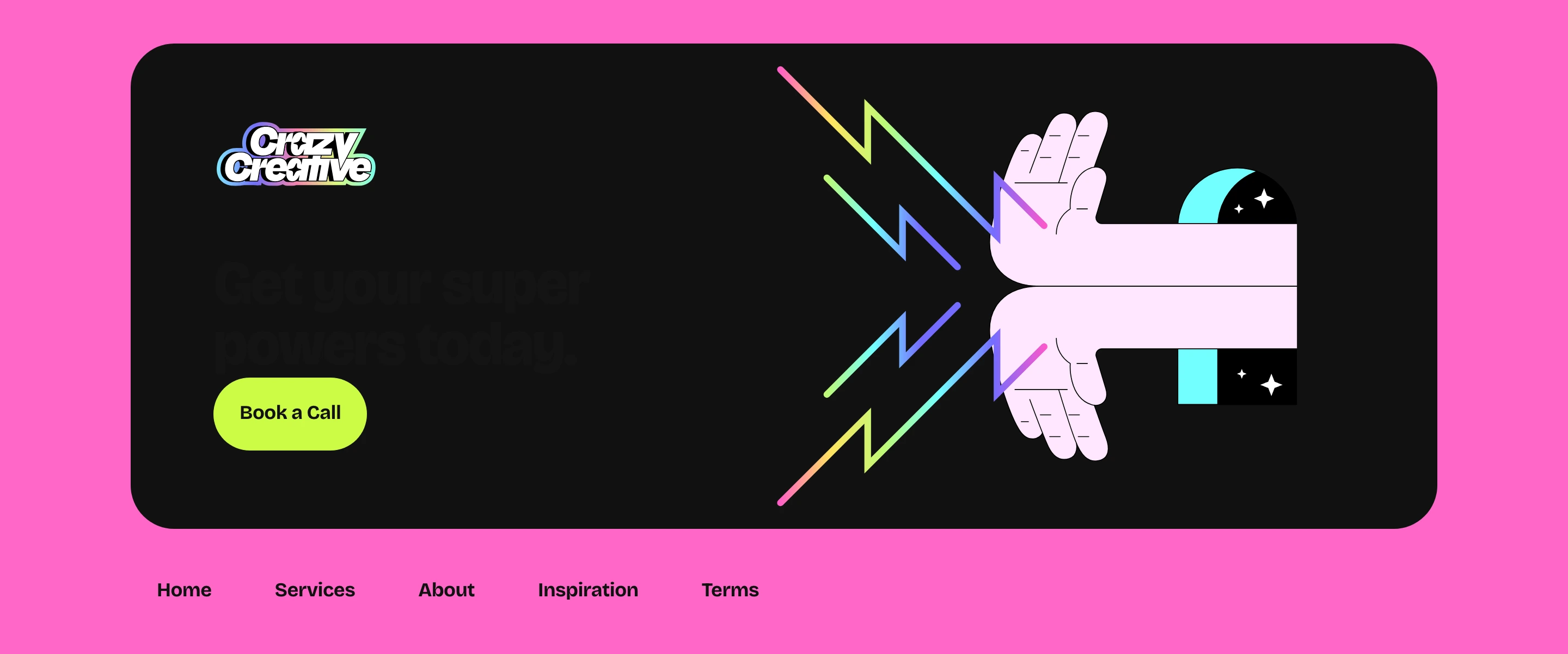 High-energy comic-style CTA card surrounded by electric pink padding and anchored by simple navigation links.