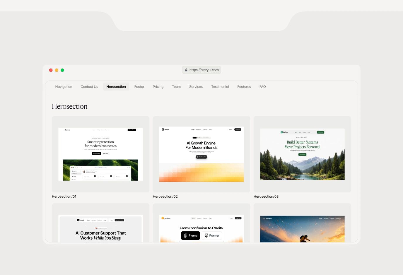 A quiet, neatly organized component gallery presenting hero layout templates inside a minimalist browser mockup frame.