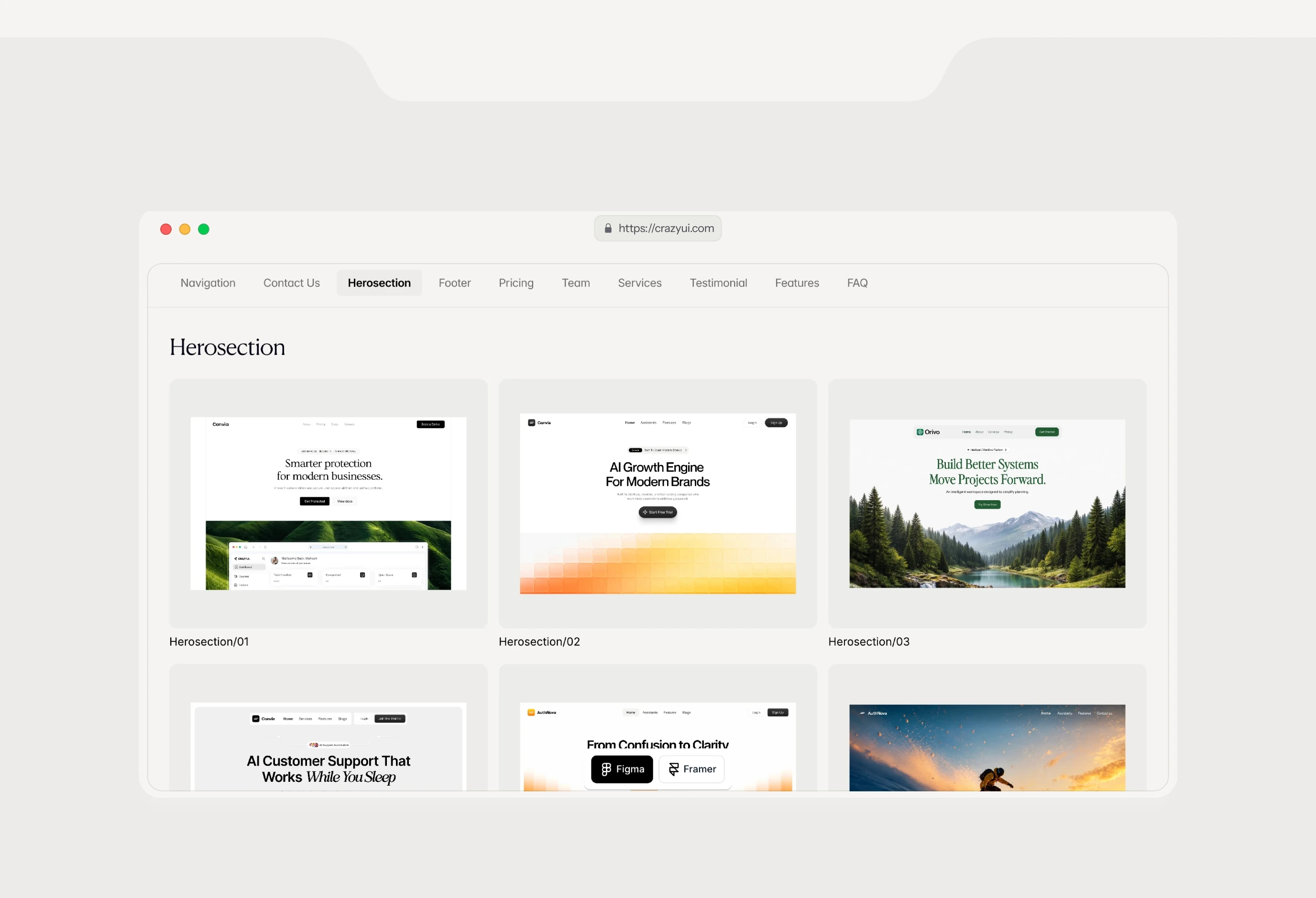 A quiet, neatly organized component gallery presenting hero layout templates inside a minimalist browser mockup frame.