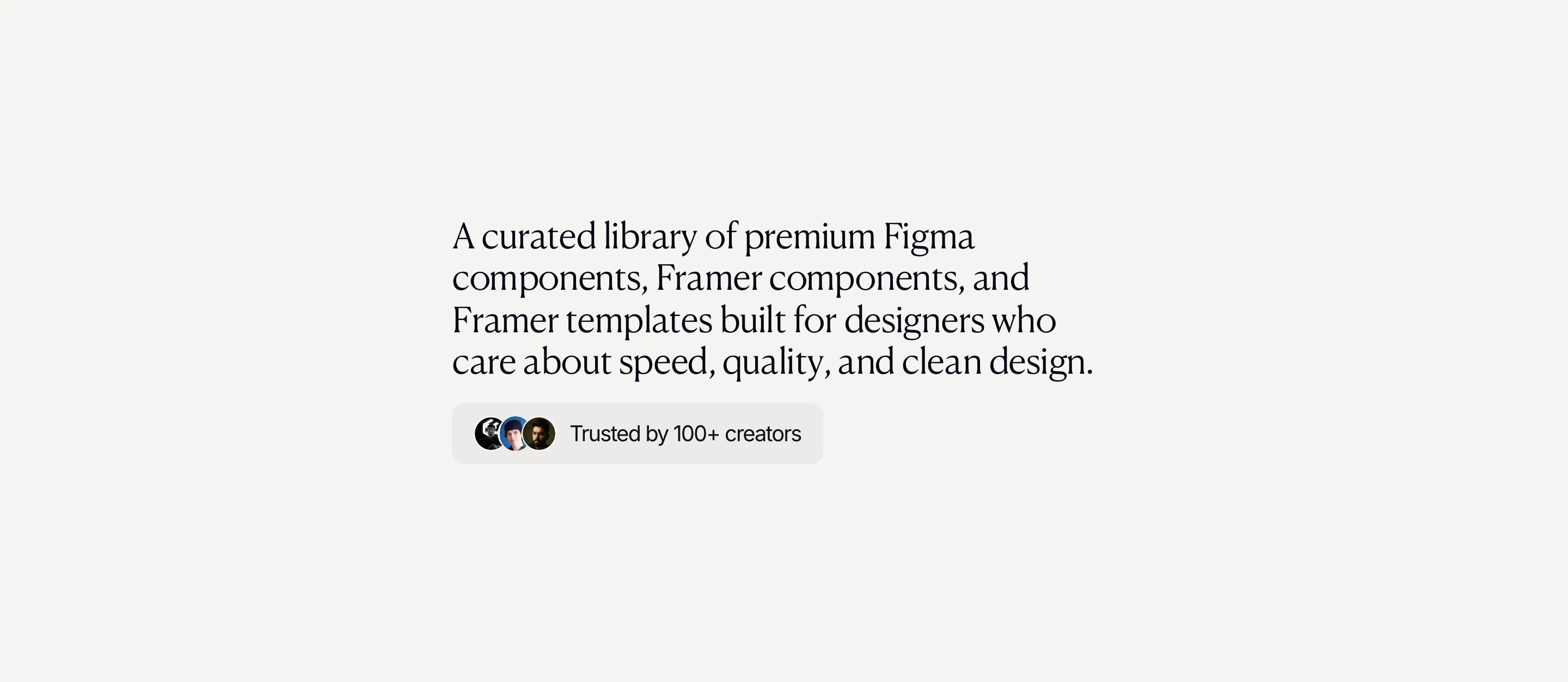 Quiet, refined statement section with an elegant serif headline and a subtle social proof badge on a warm neutral canvas.