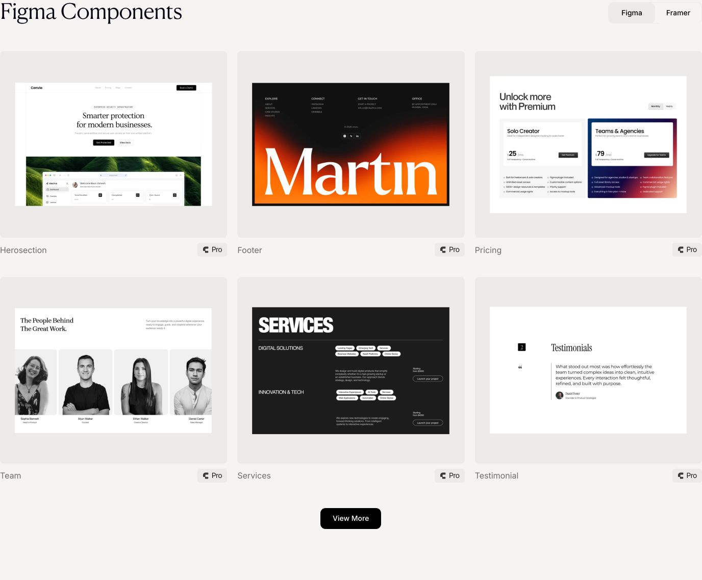 A clean component gallery showcasing UI templates within softly rounded neutral cards on a warm off-white background.