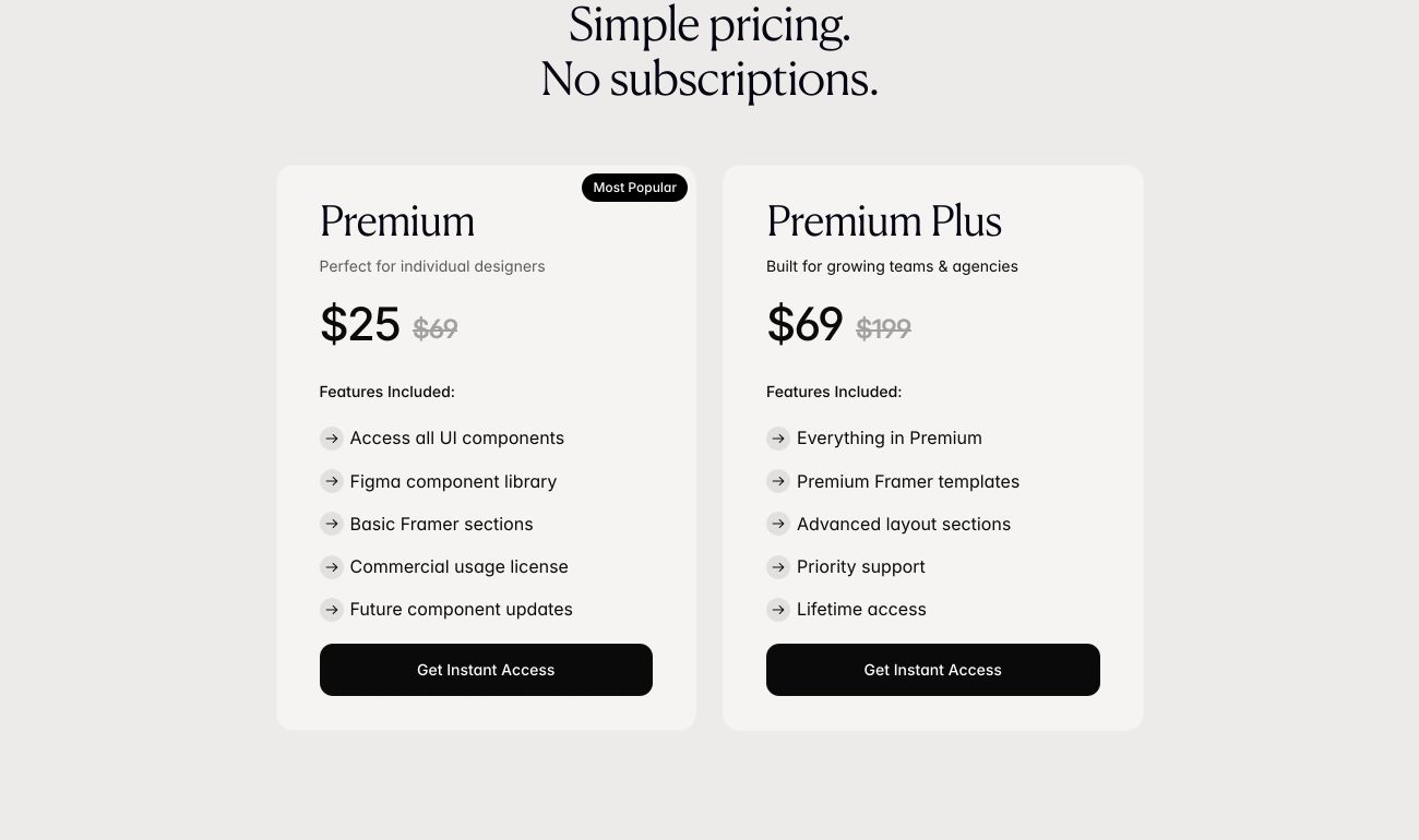 A refined, warm pricing table pairing elegant serif headlines with minimal two-column product cards.