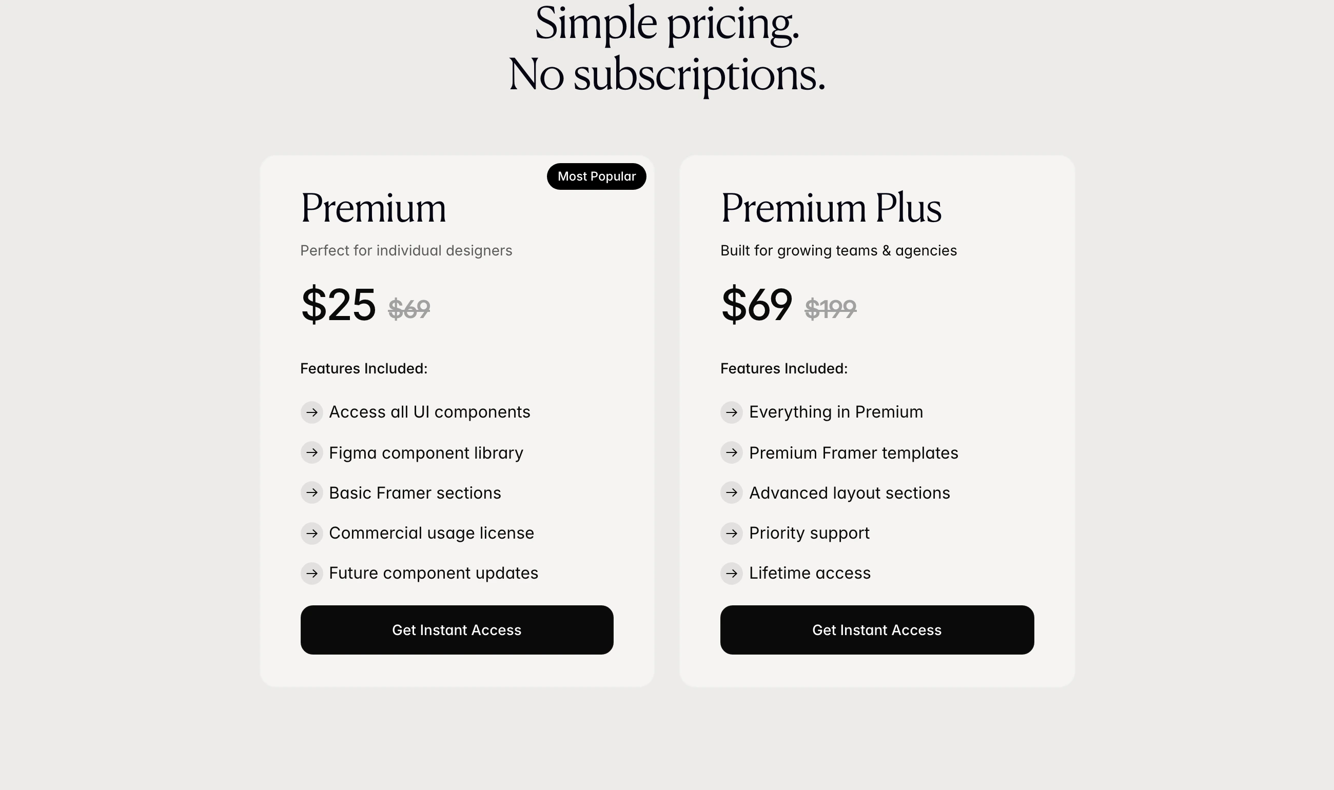 A refined, warm pricing table pairing elegant serif headlines with minimal two-column product cards.