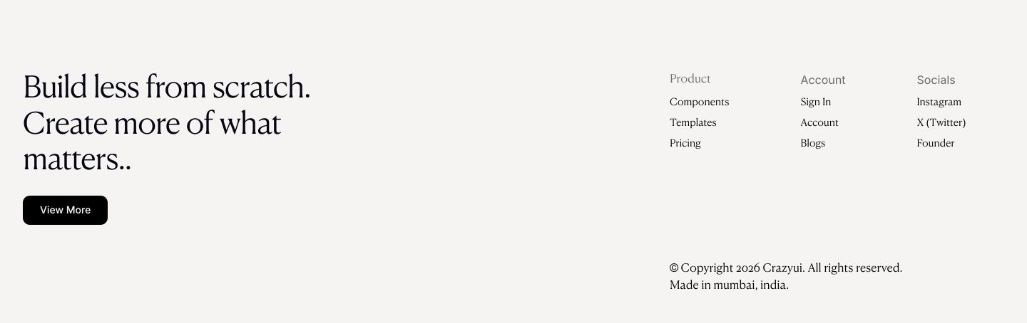 Spacious, warm-toned editorial footer pairing an elegant serif statement with organized navigation columns.