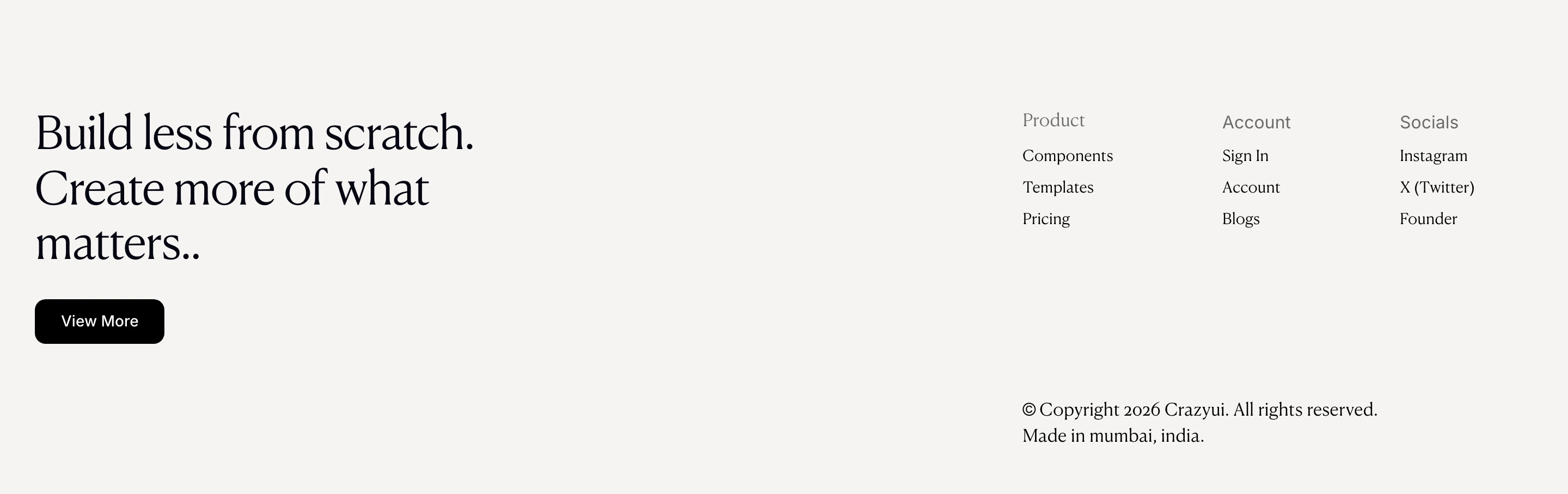 Spacious, warm-toned editorial footer pairing an elegant serif statement with organized navigation columns.