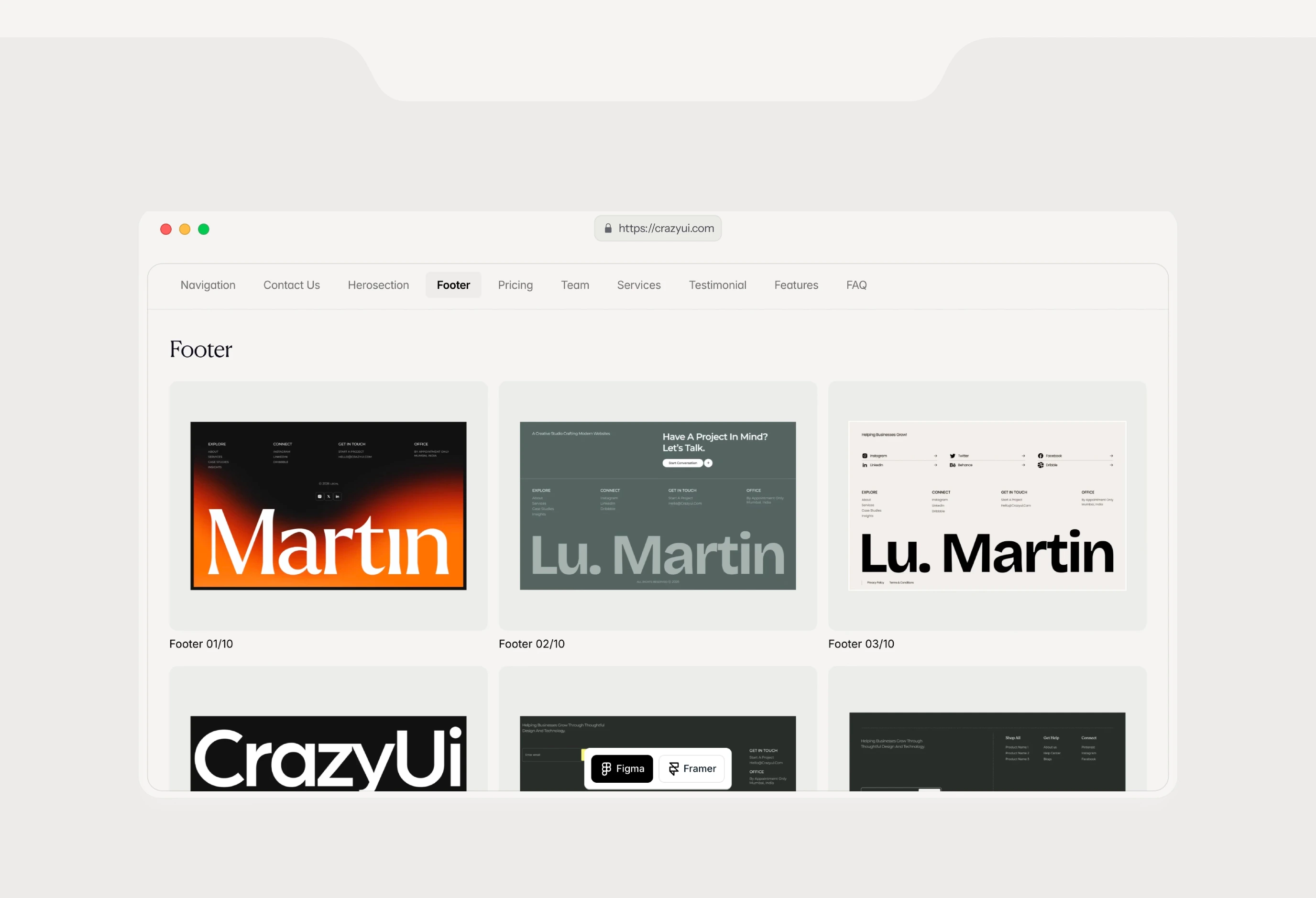 A clean, quiet component library catalogue framed inside a browser window mockup against a soft warm neutral backdrop.