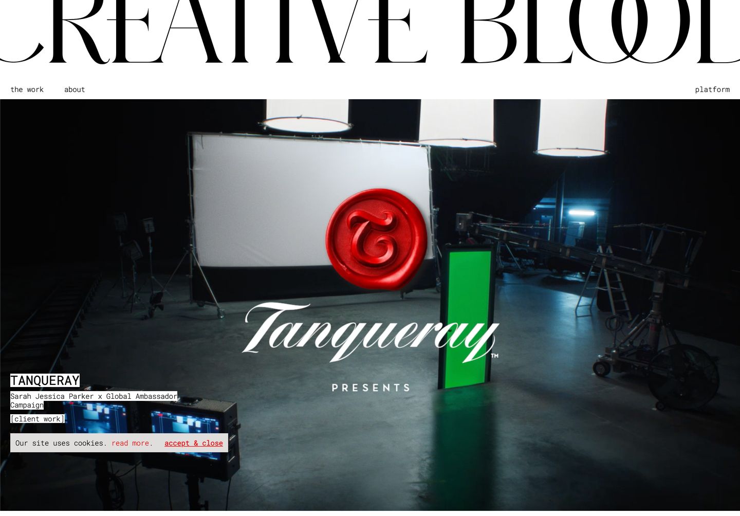 Cinematic agency hero pairing an aggressively cropped masthead with behind-the-scenes production photography and raw mono captions.