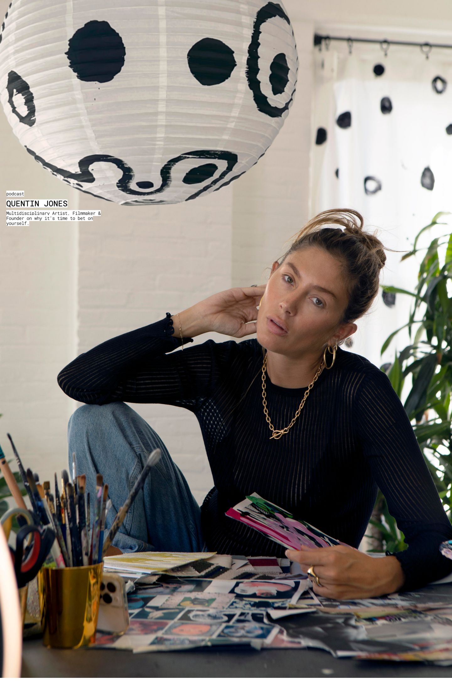Intimate editorial portrait dominating the frame with tiny, typewriter-style monochrome typography tucked into the margin.