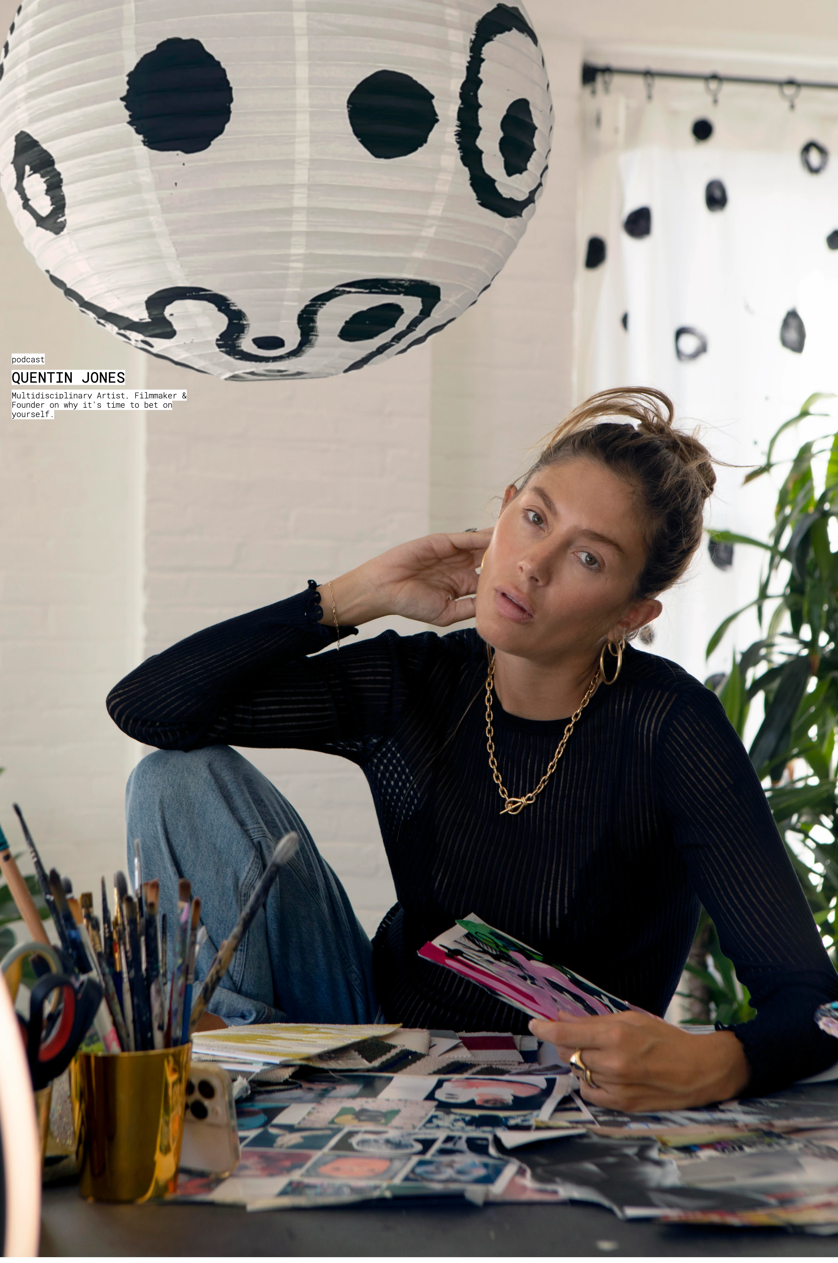 Intimate editorial portrait dominating the frame with tiny, typewriter-style monochrome typography tucked into the margin.