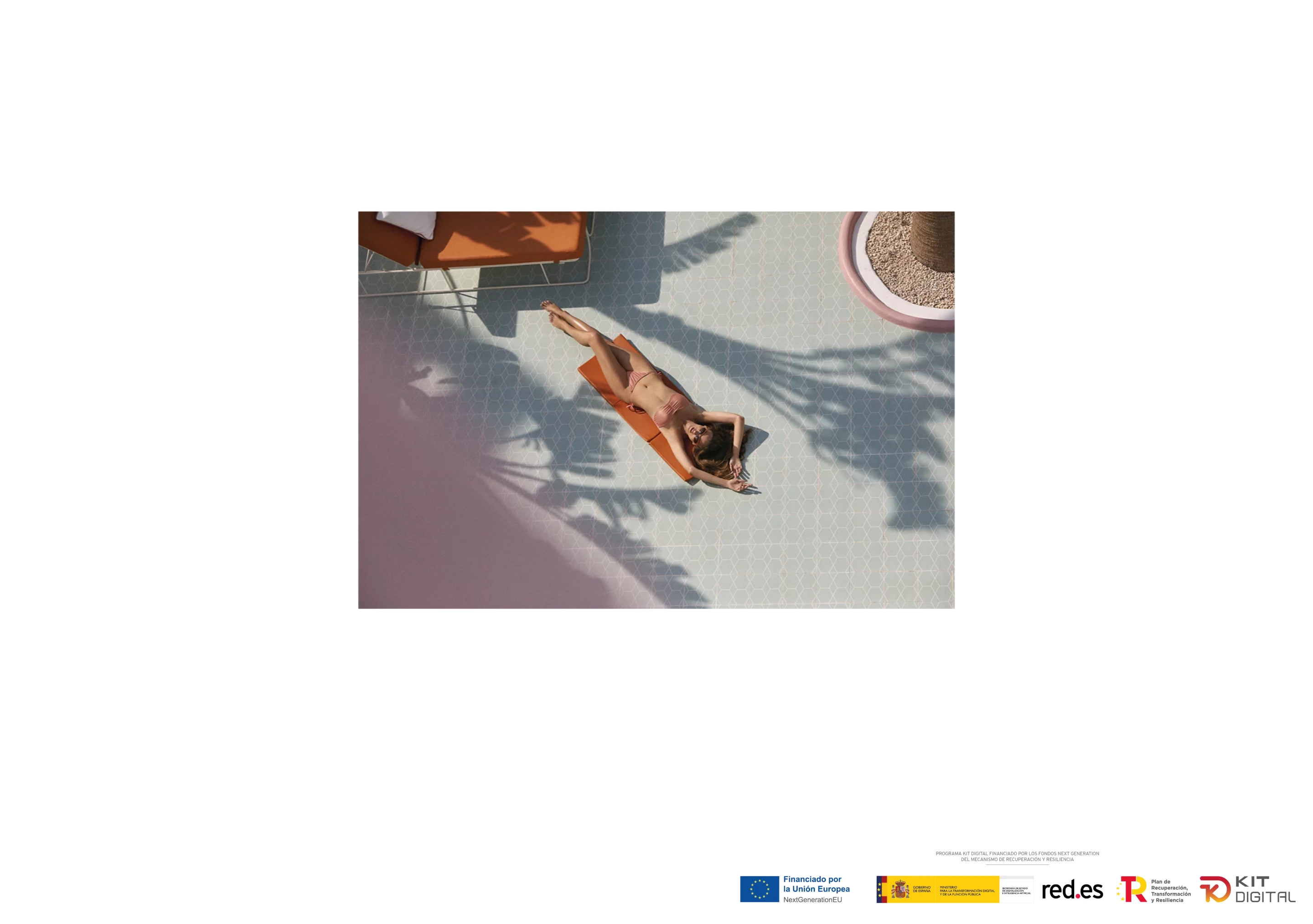 A stark, gallery-like presentation centering a single sunlit photograph surrounded by vast white space and tiny institutional logos.